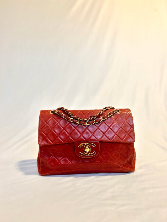 Red Chanel Vintage Lambskin Maxi Flap Bag Purse