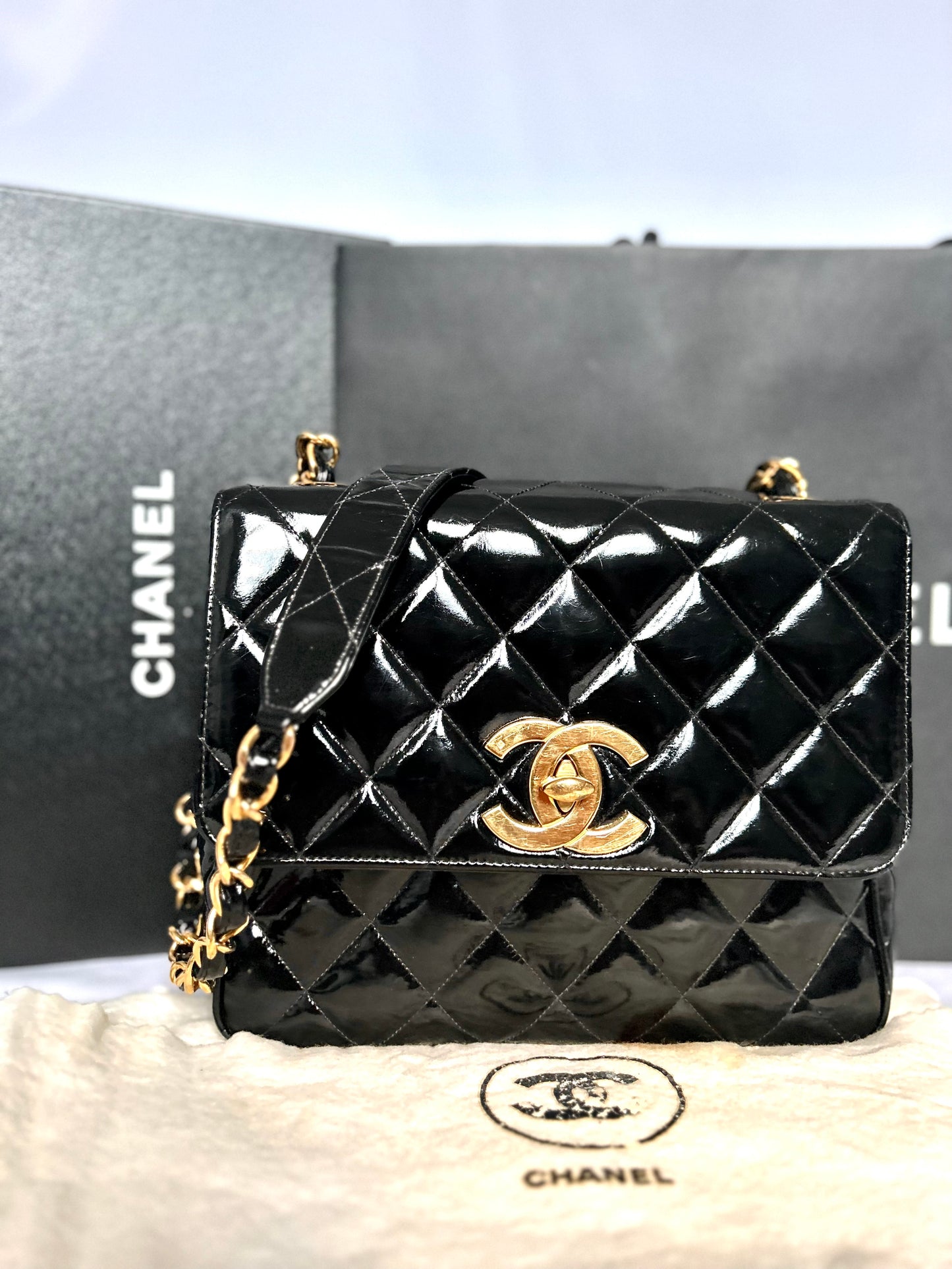 Gorgeous Vintage Black Patent Leather Square Bag