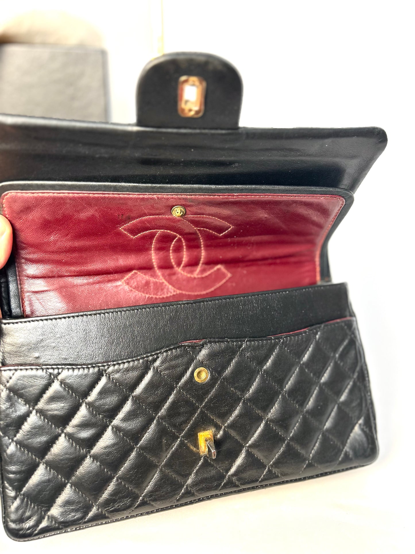 Authentic 1980s Vintage Chanel Black Lambskin Medium Classic Flap