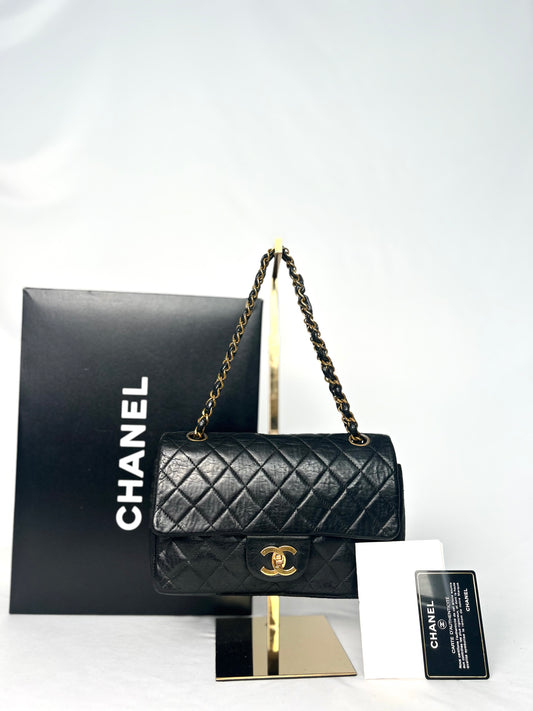 Authentic Vintage 1980-1986 Small Chanel Black Lambskin Classic Flap Bag w/ 24k GHW