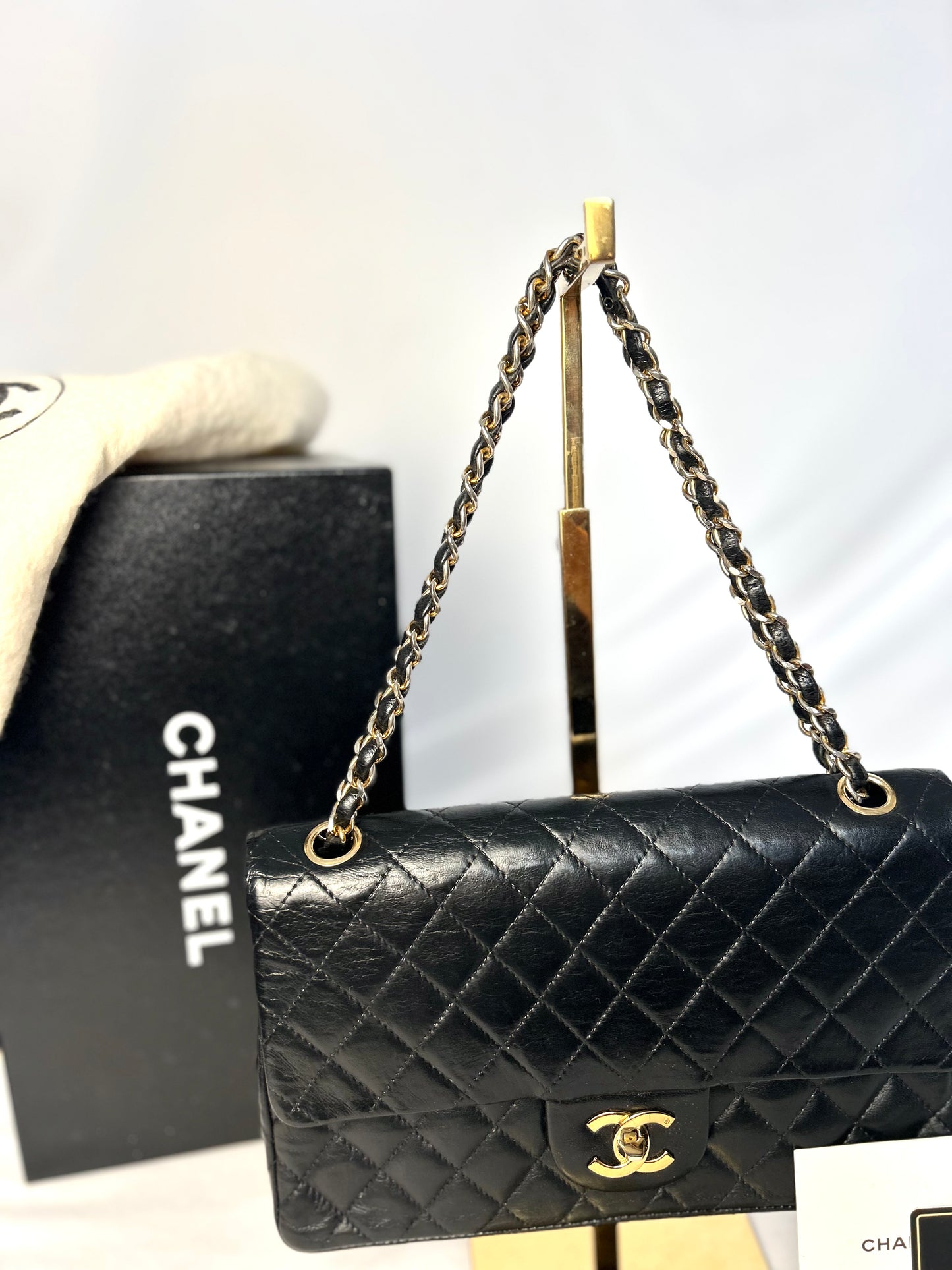 Authentic 1980s Vintage Chanel Black Lambskin Medium Classic Flap