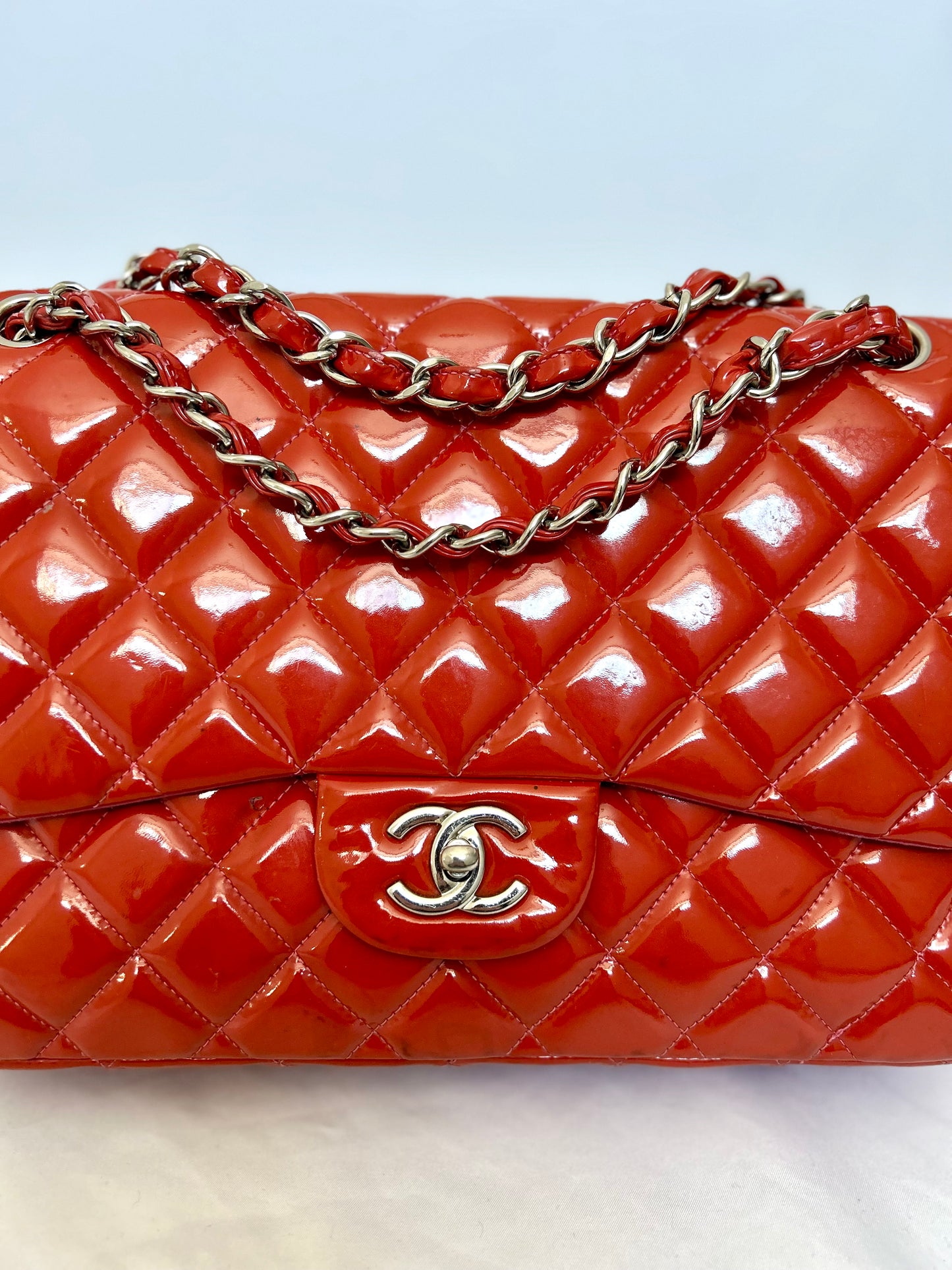 Chanel Orange Patent Medium Classic Flap