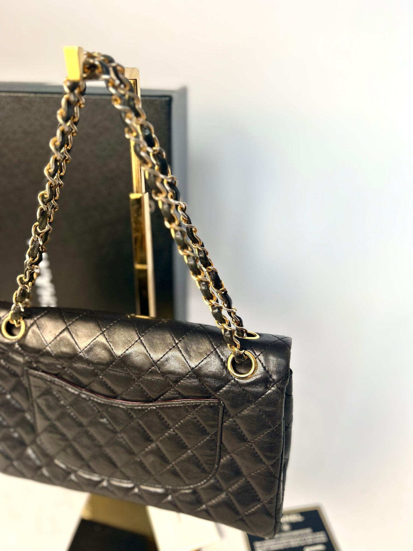 Authentic 1980s Chanel Black Lambskin Medium Classic Flap