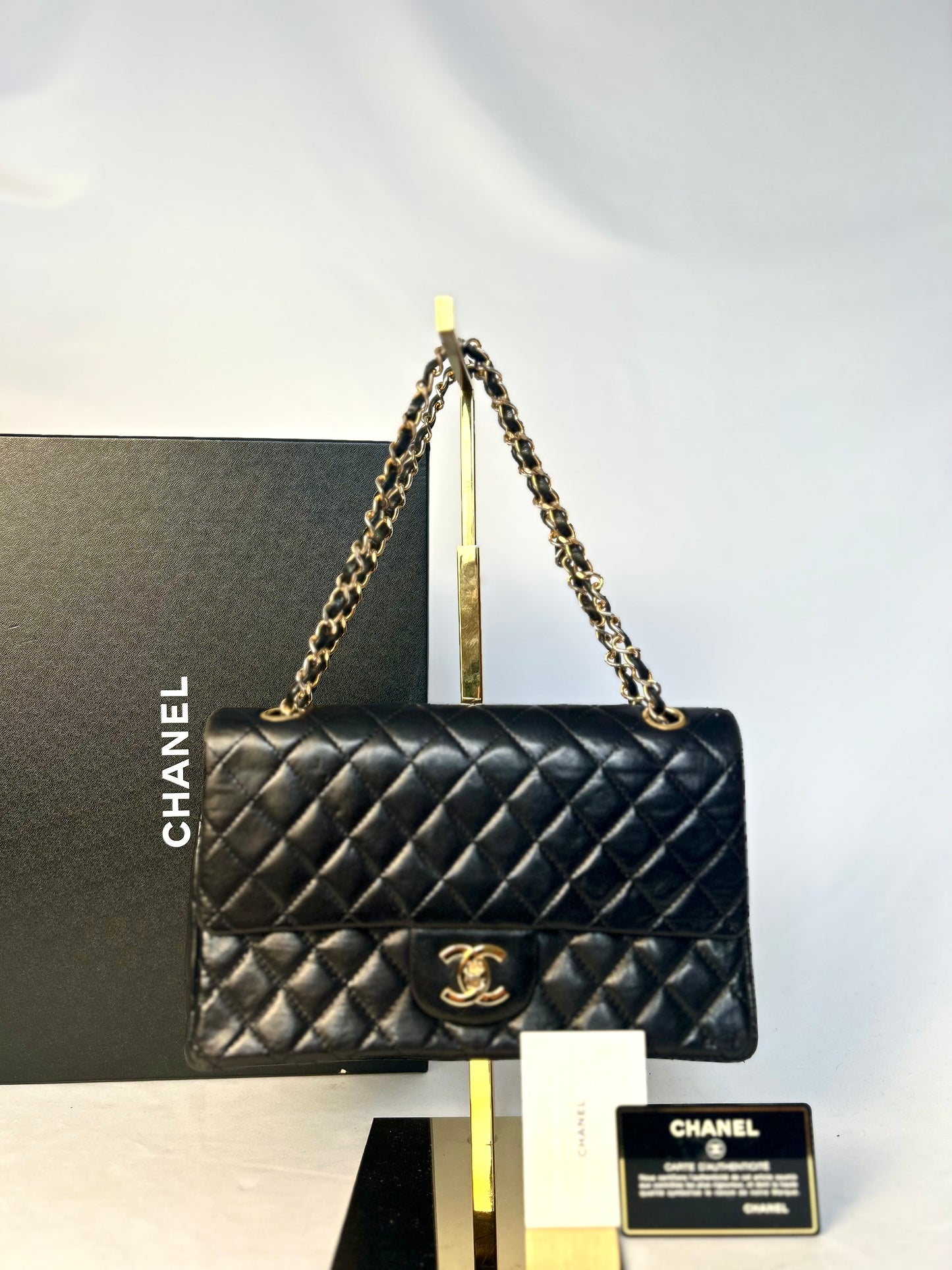 Authentic 1980s Chanel Black Lambskin Medium Classic Flap