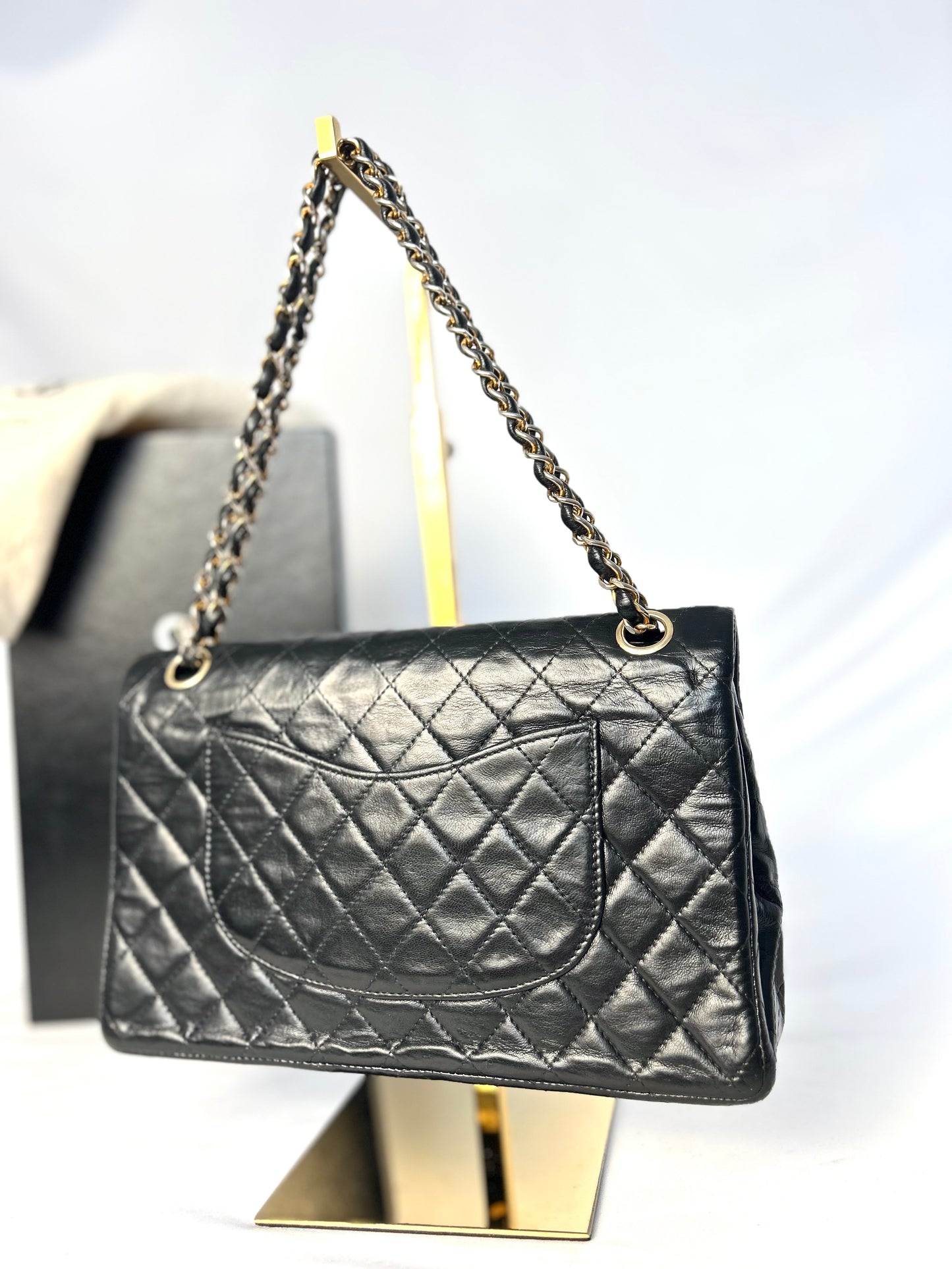 Authentic 1980s Vintage Chanel Black Lambskin Medium Classic Flap