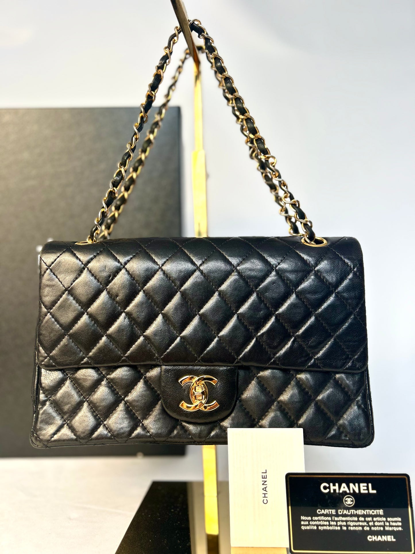 Authentic 1980s Chanel Black Lambskin Medium Classic Flap