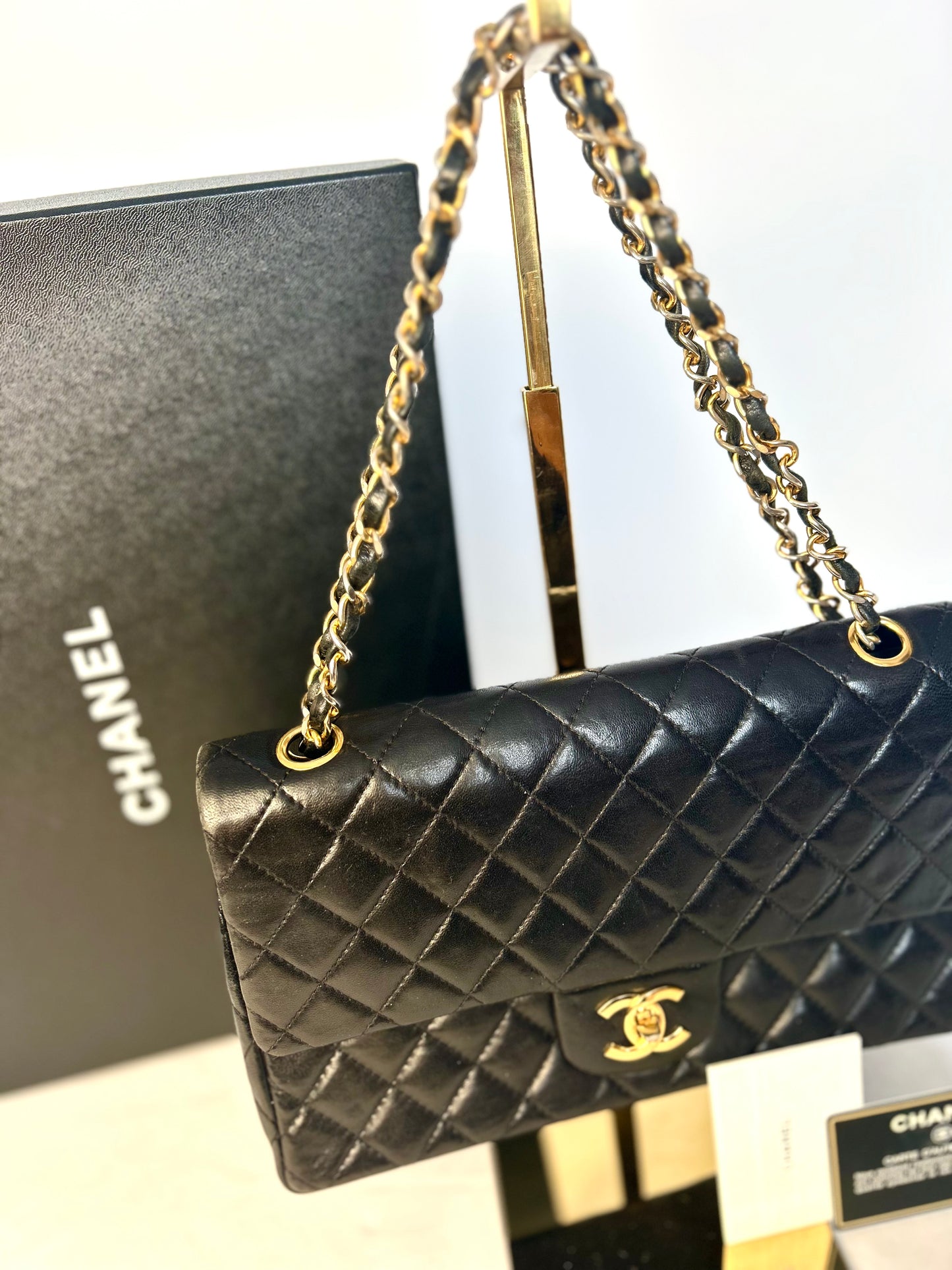 Authentic 1980s Chanel Black Lambskin Medium Classic Flap