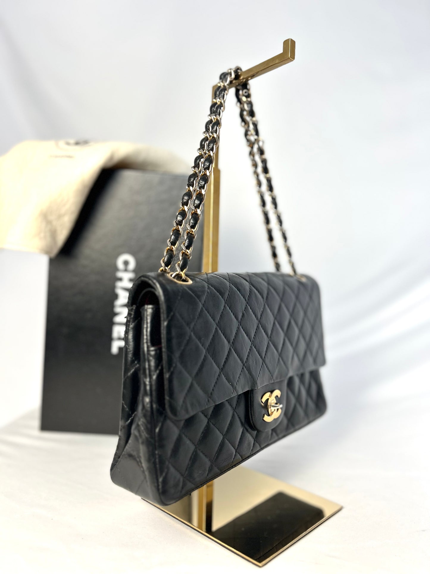 Authentic 1980s Vintage Chanel Black Lambskin Medium Classic Flap