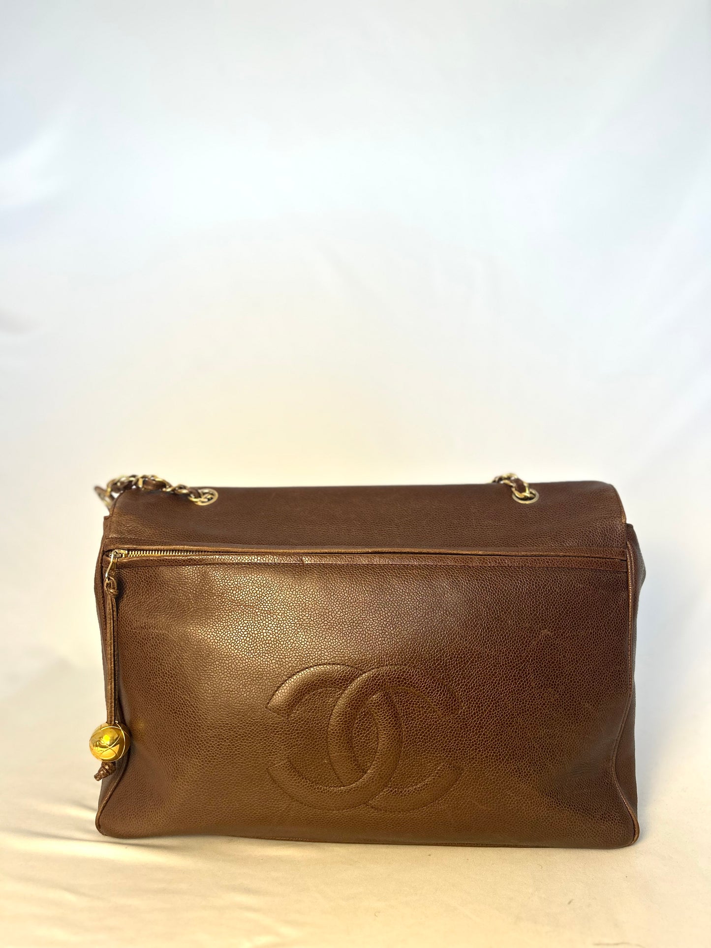Authentic Chanel Vintage Caviar Supermodel XL Brown Flap Bag