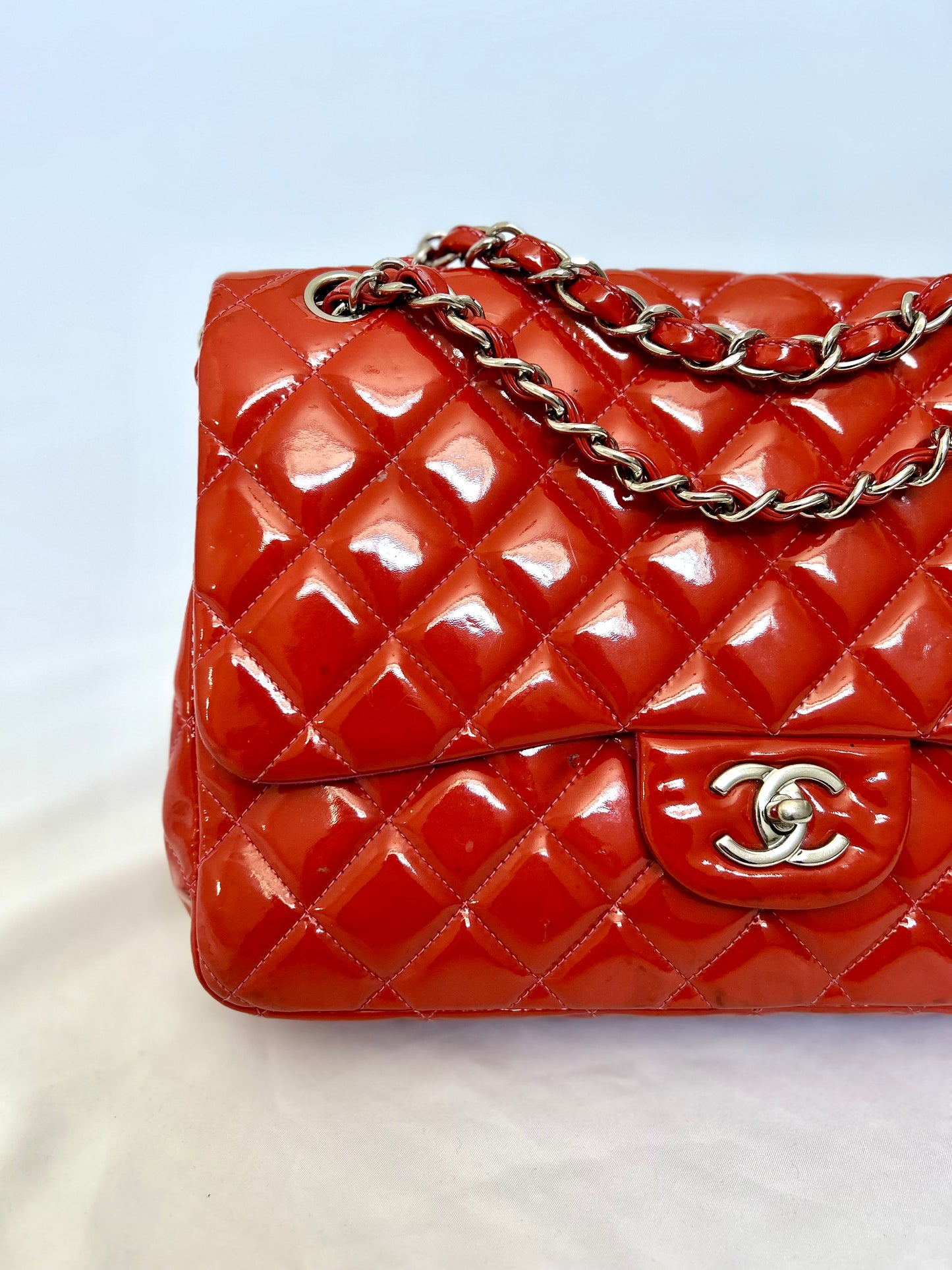 Chanel Orange Patent Medium Classic Flap