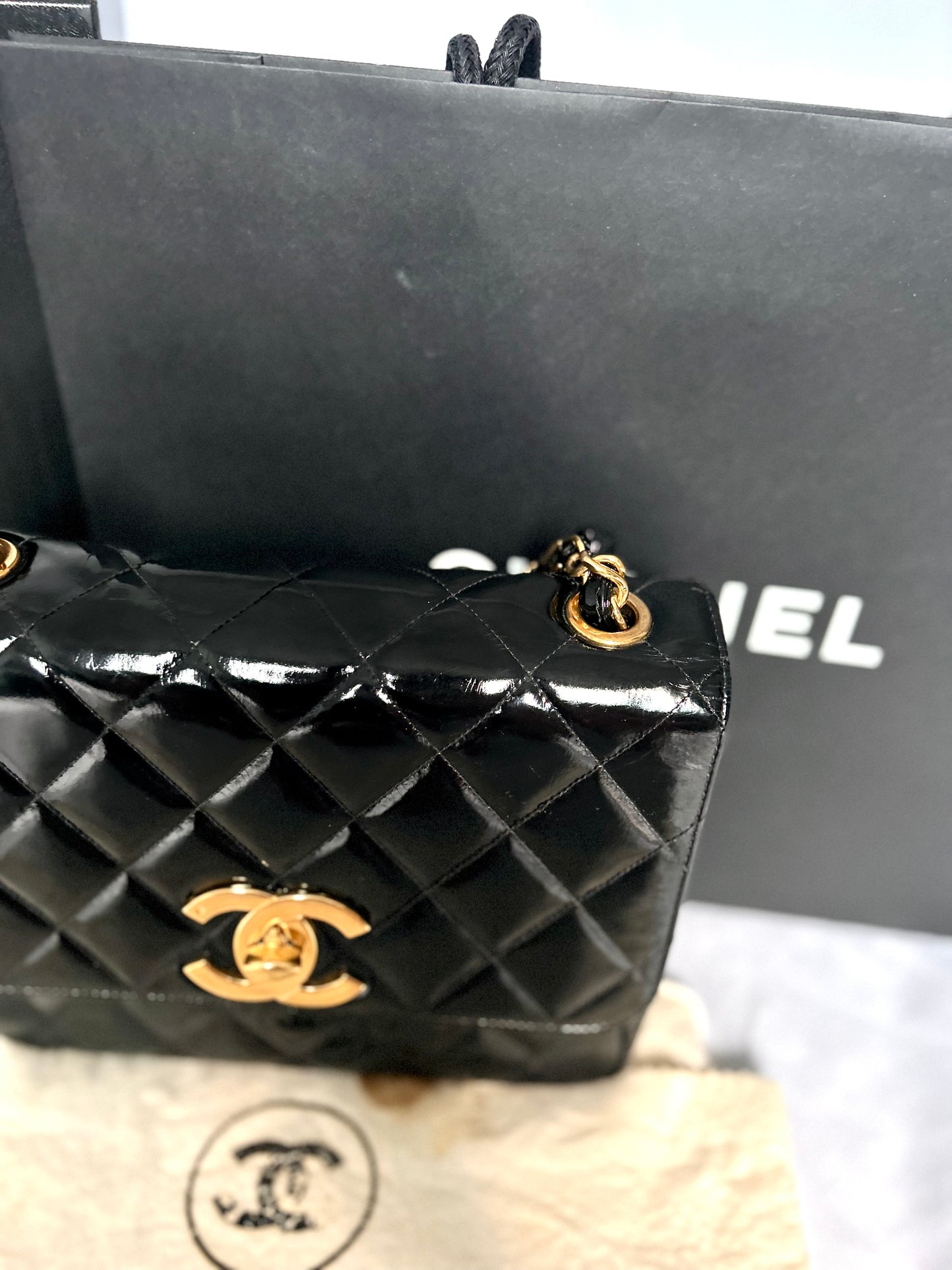 Gorgeous Vintage Black Patent Leather Square Bag