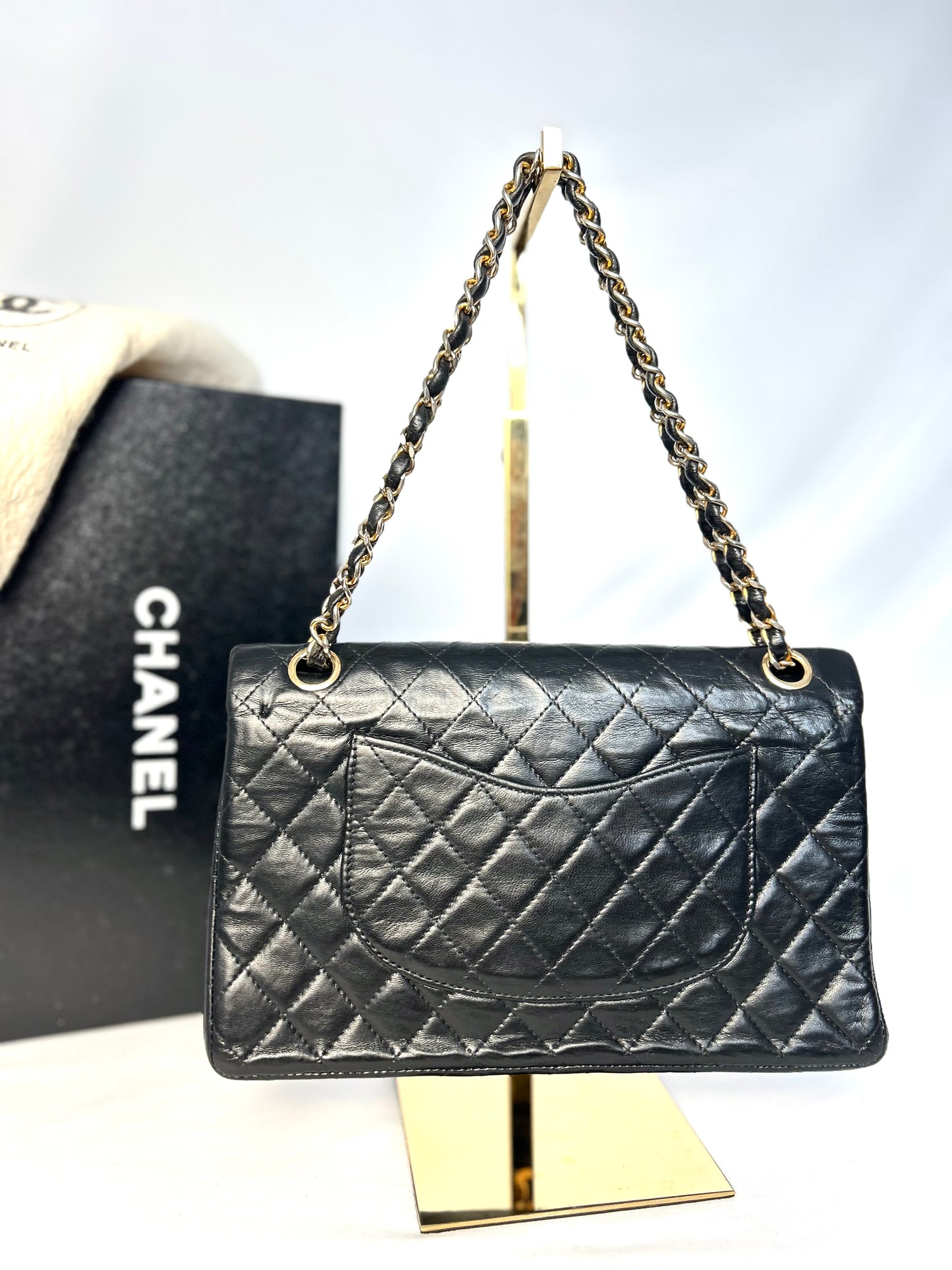 Authentic 1980s Vintage Chanel Black Lambskin Medium Classic Flap