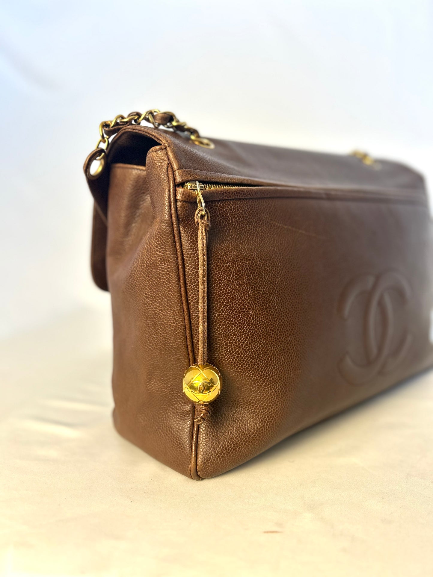 Authentic Chanel Vintage Caviar Supermodel XL Brown Flap Bag