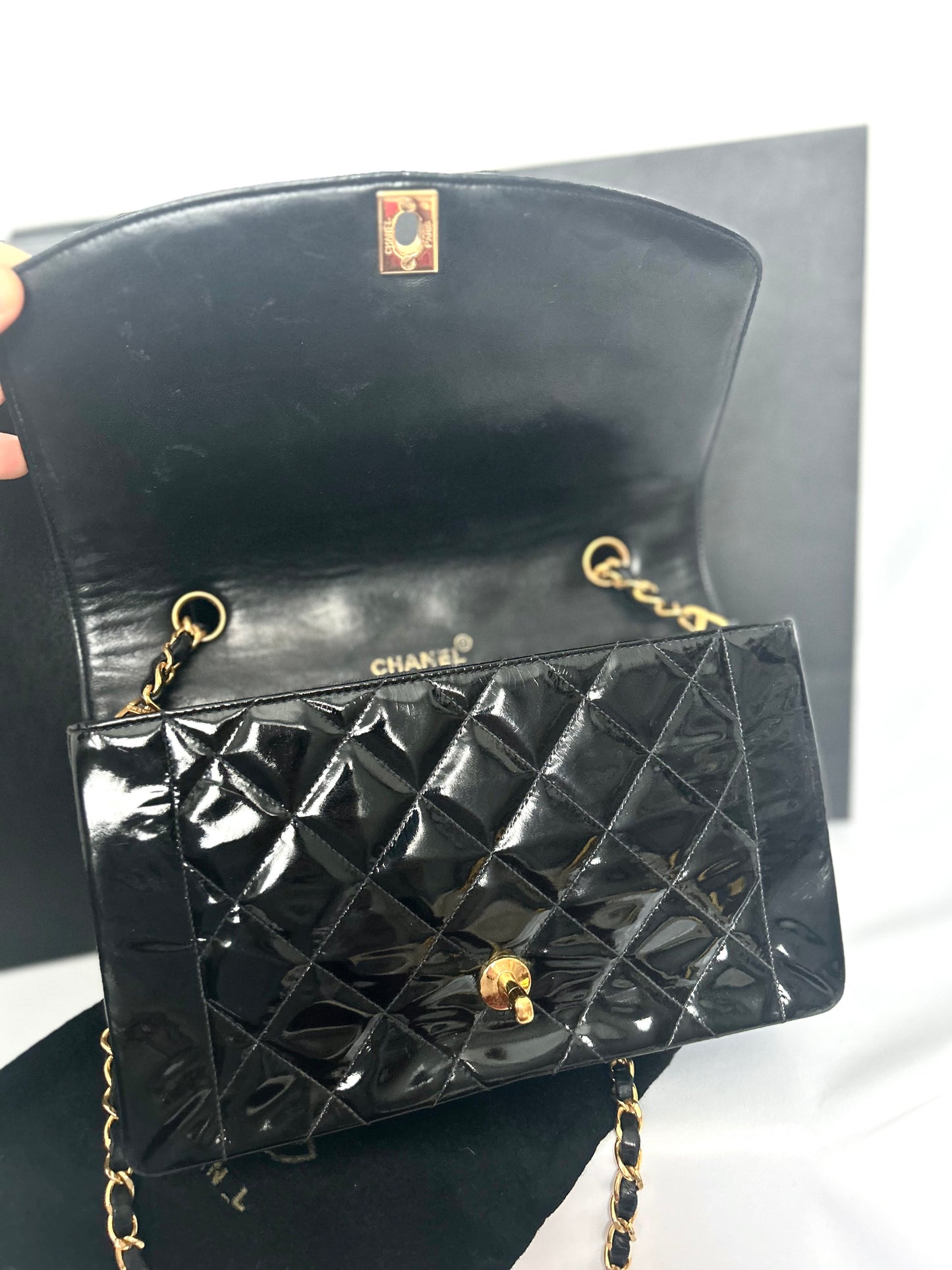 Authentic Chanel Patent Leather Diana Flap Bag