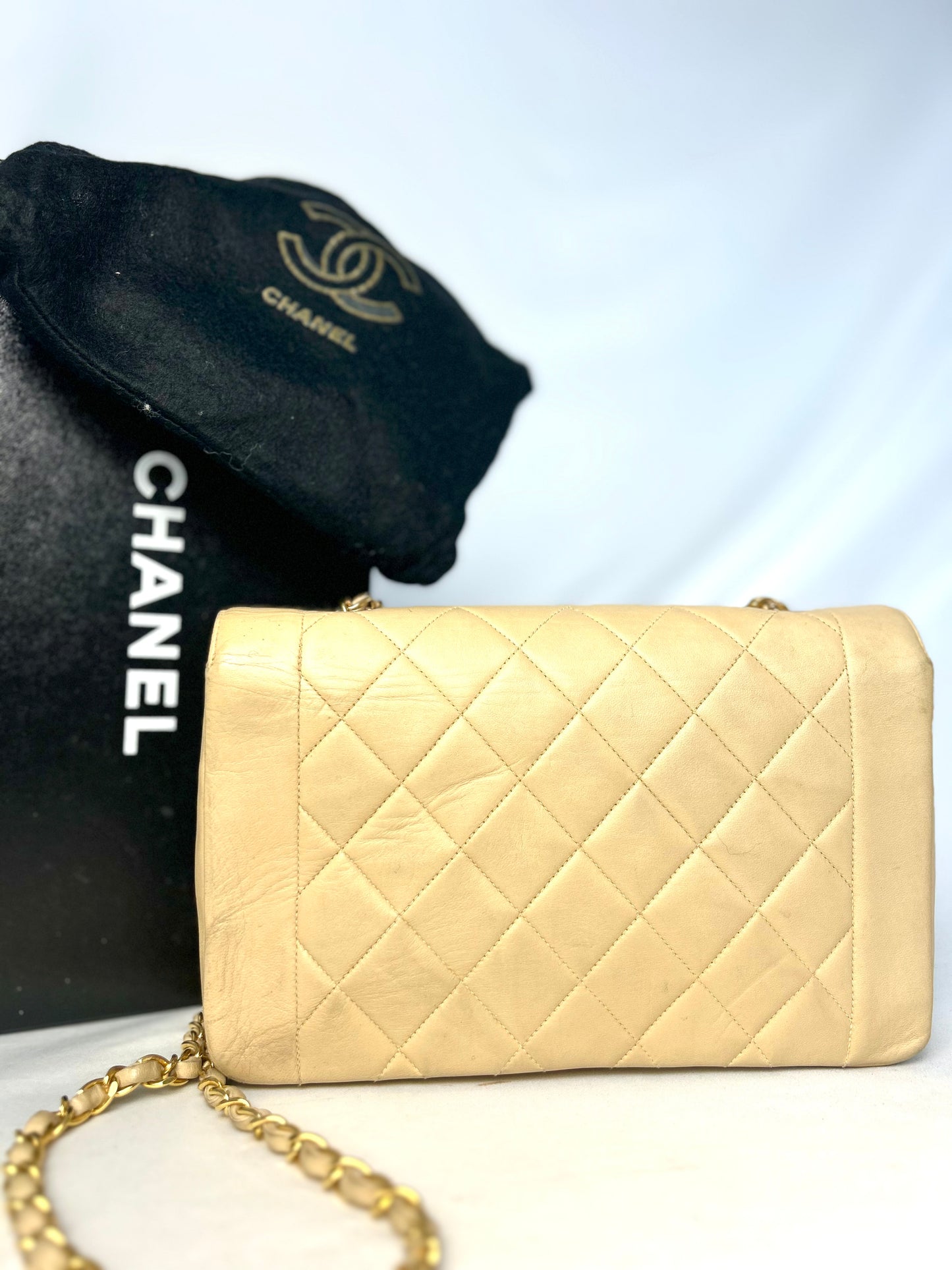 Authentic Vintage Chanel Beige Lambskin Diana Flap Bag