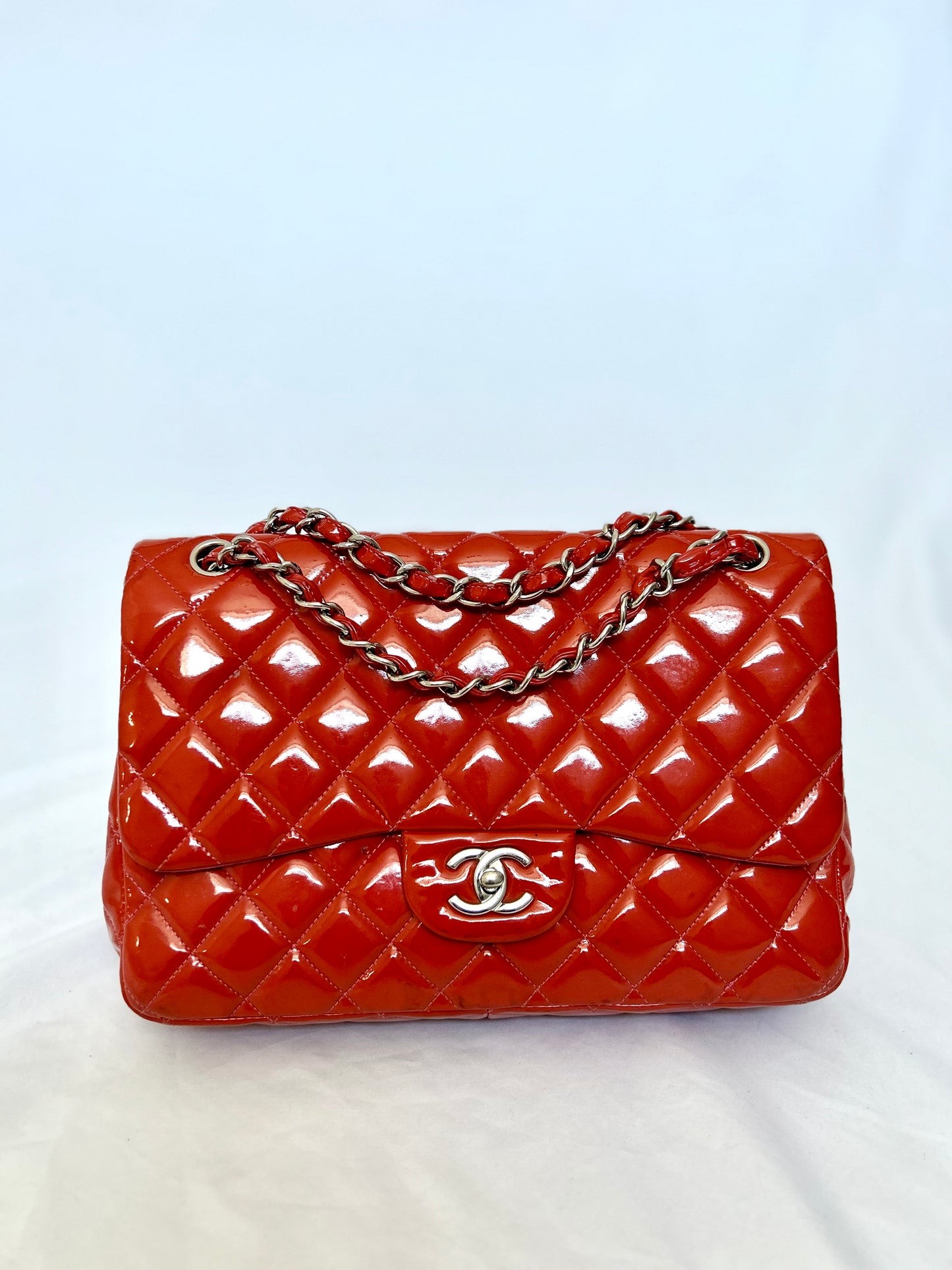 Chanel Orange Patent Medium Classic Flap