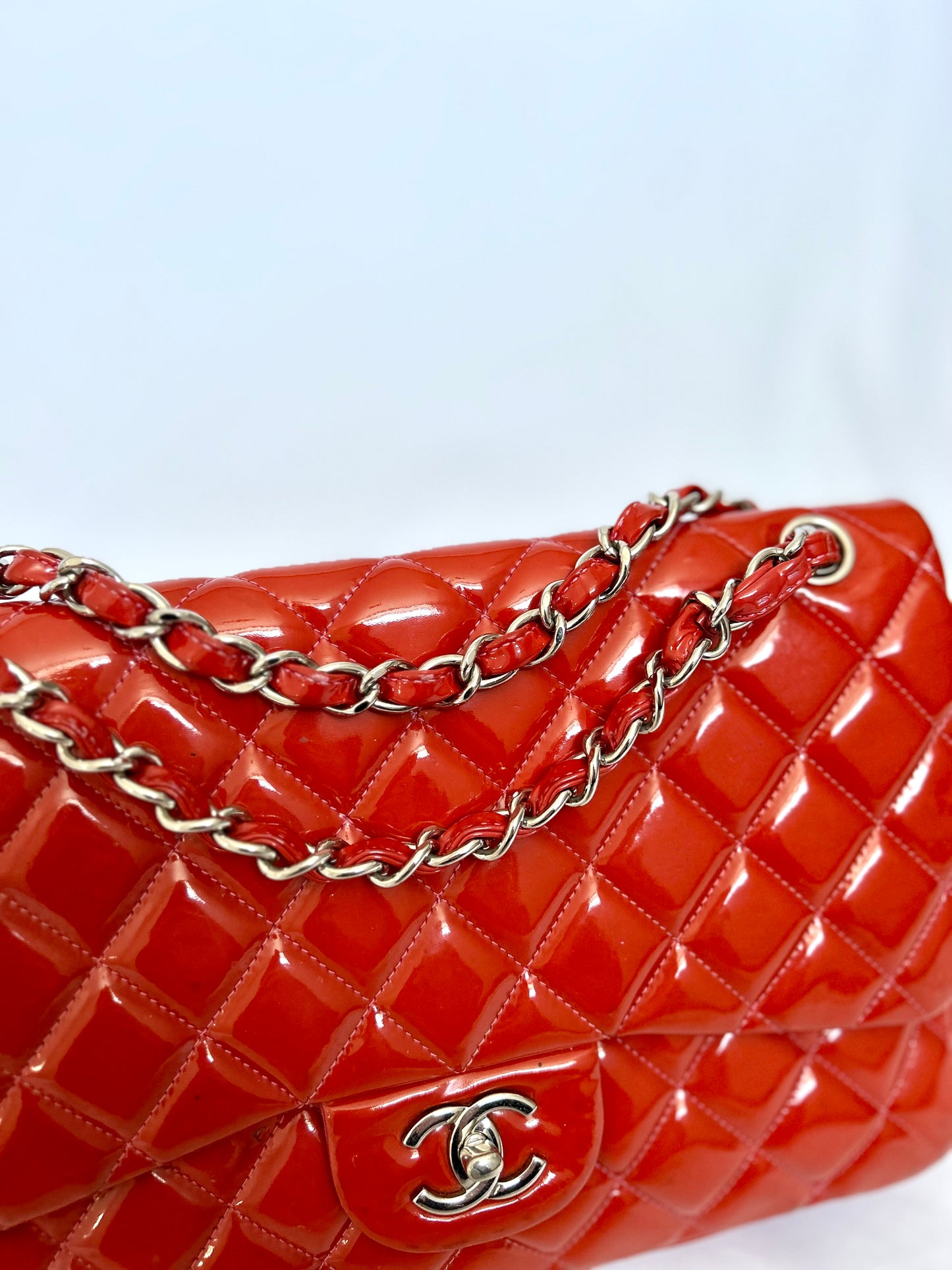 Chanel Orange Patent Medium Classic Flap