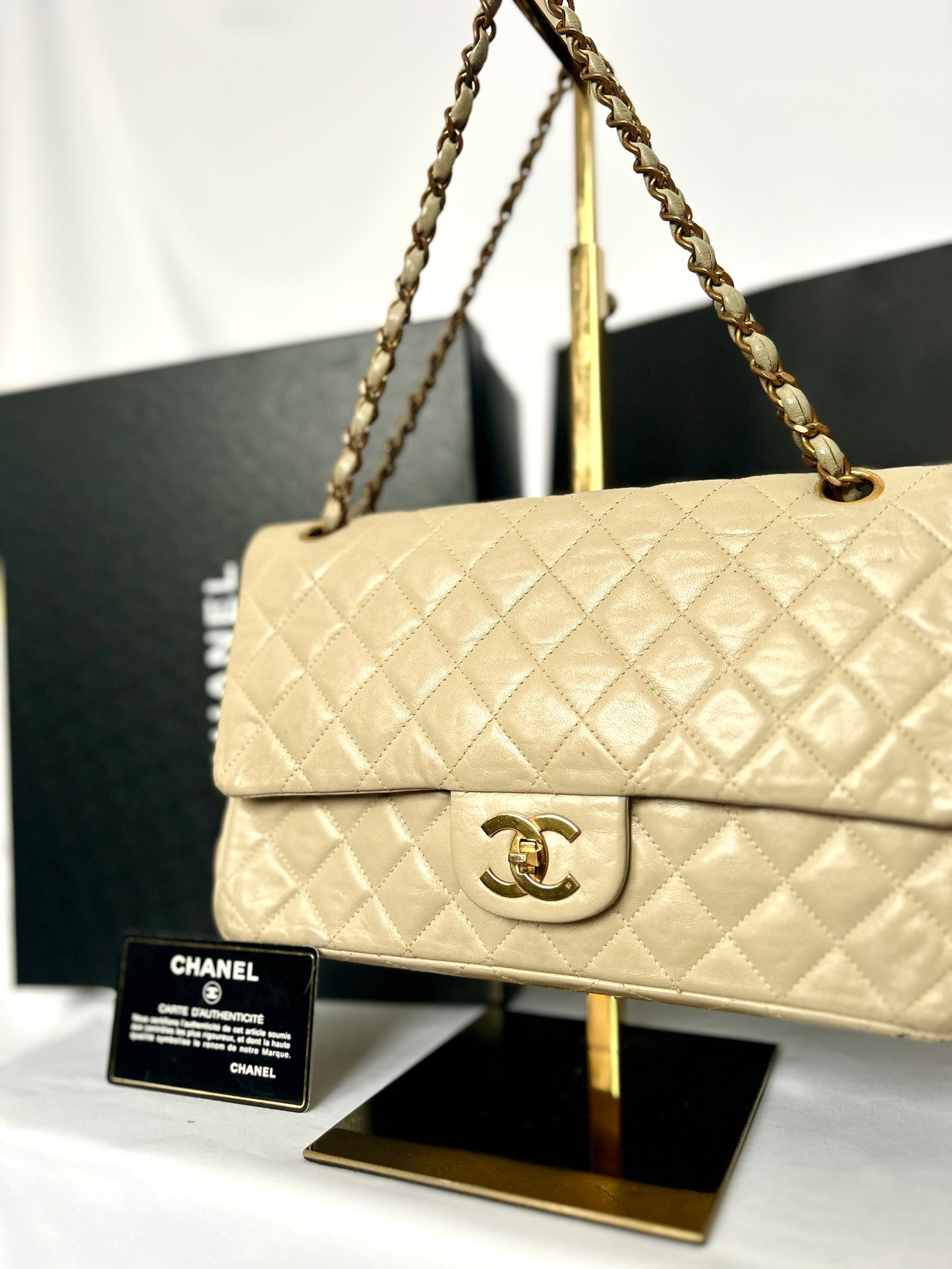 Beige Lambskin Medium Classic Flap