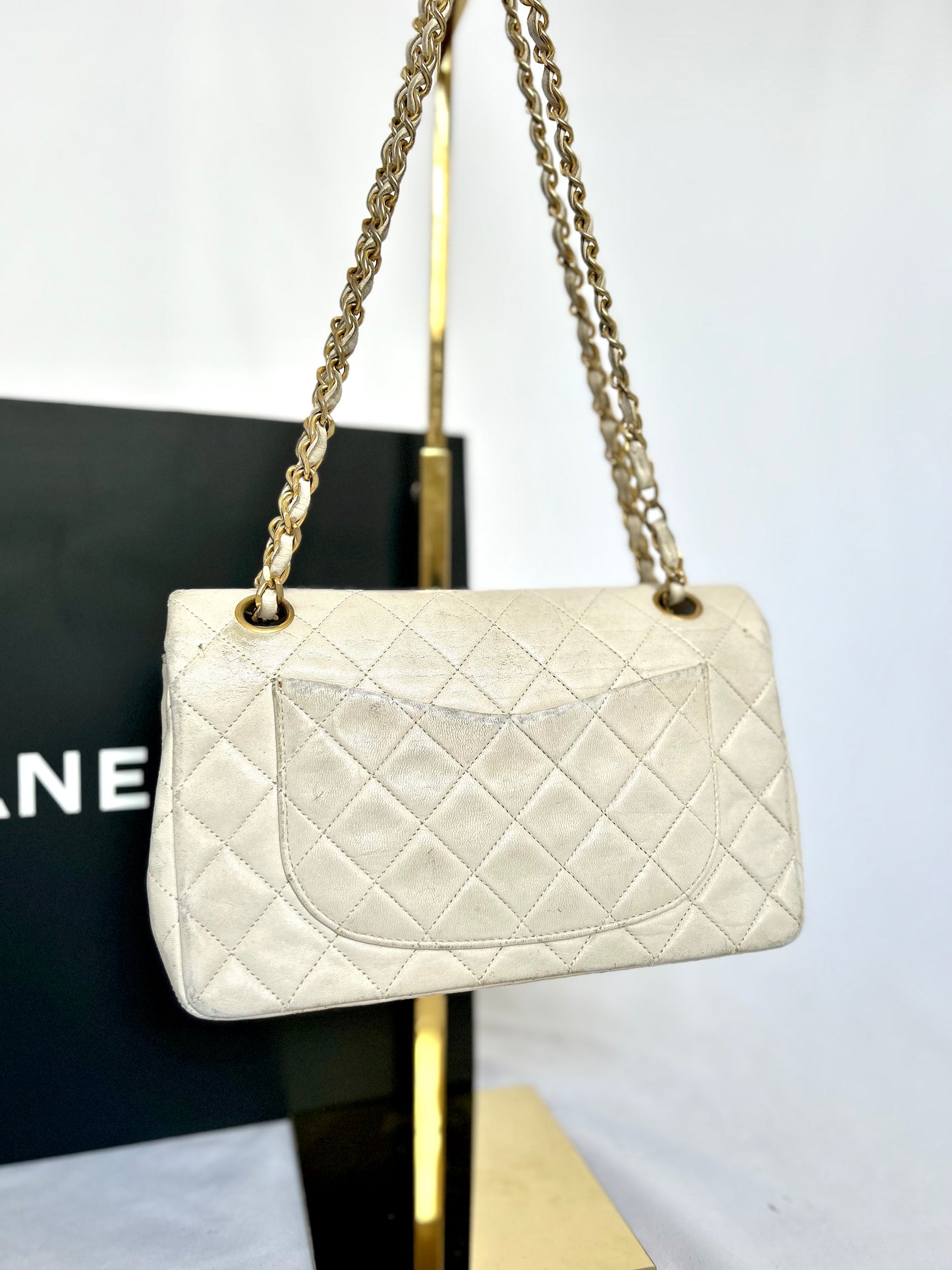 White Vintage Chanel Preloved Designer Lambskin Medium Classic Flap