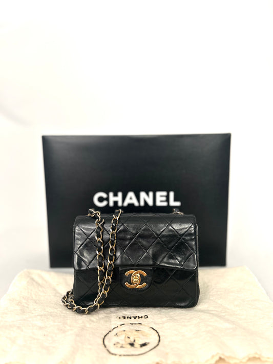 Authentic Vintage 1988-1992 Chanel Black Lambskin GHW Mini Square Flap Bag