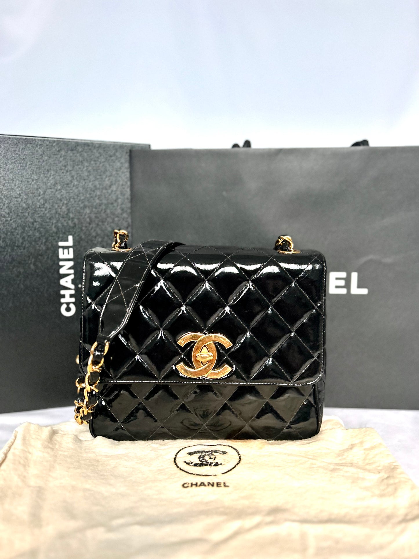 Gorgeous Vintage Black Patent Leather Square Bag