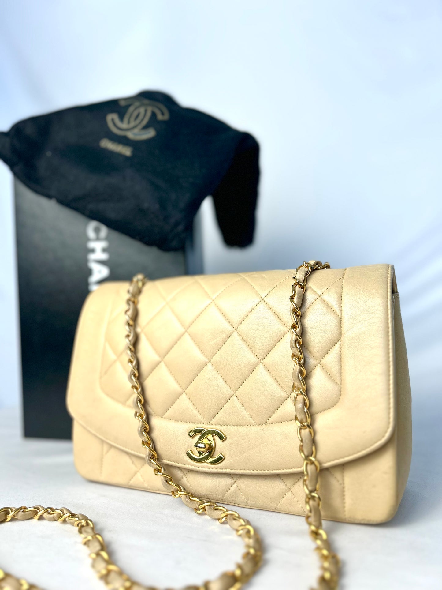 Authentic Vintage Chanel Beige Lambskin Diana Flap Bag