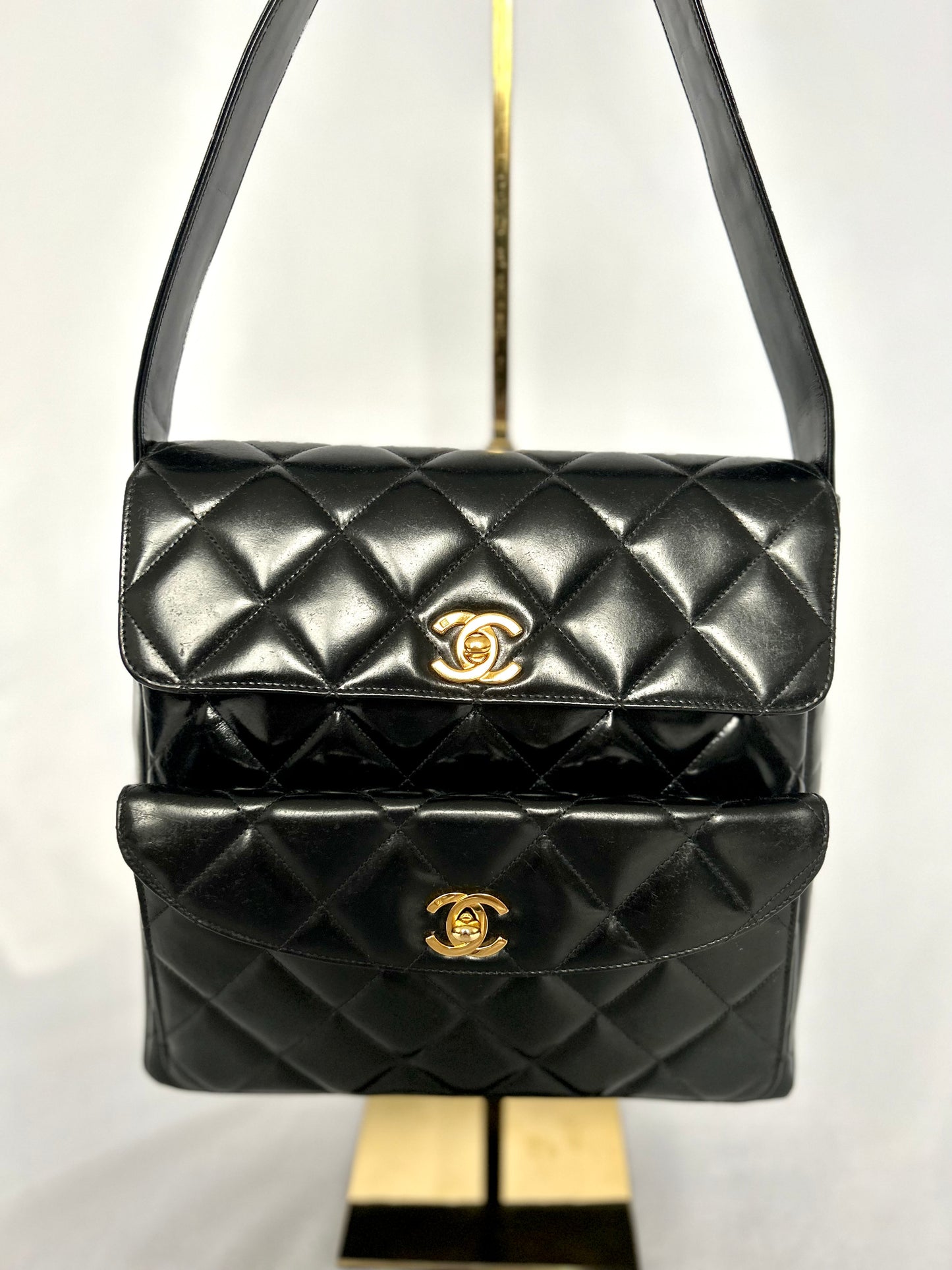 Chanel Double Turnlock Patent Leather Shoulder Bag