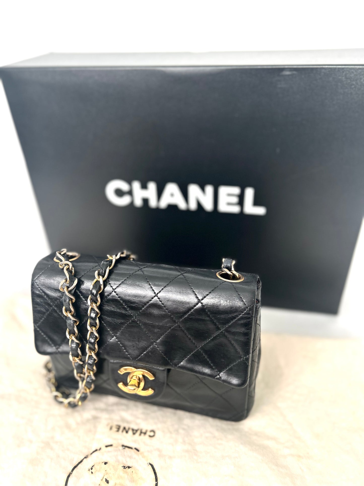 Authentic Vintage 1988-1992 Chanel Black Lambskin GHW Mini Square Flap Bag