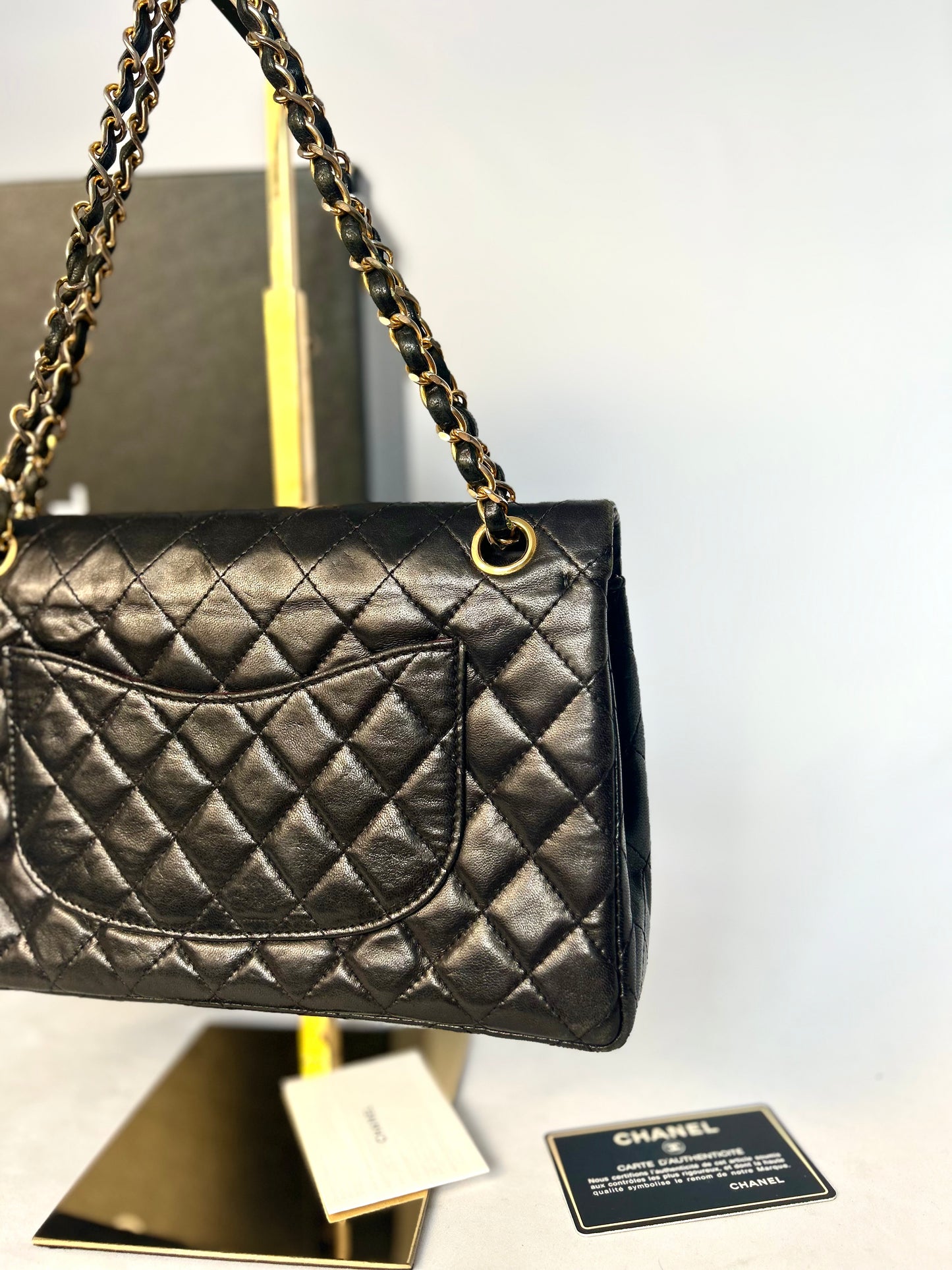 Authentic 1980s Chanel Black Lambskin Medium Classic Flap