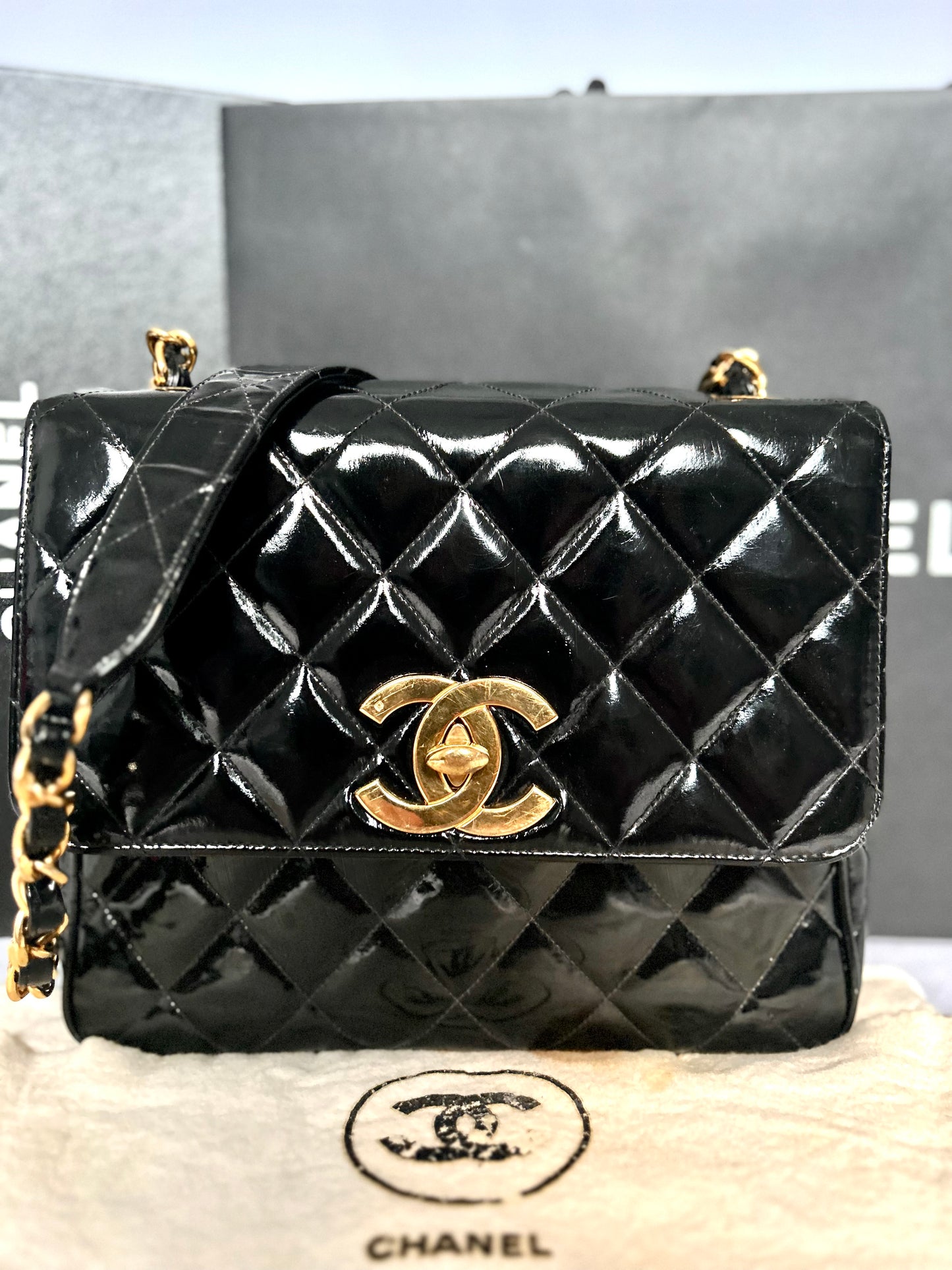 Gorgeous Vintage Black Patent Leather Square Bag