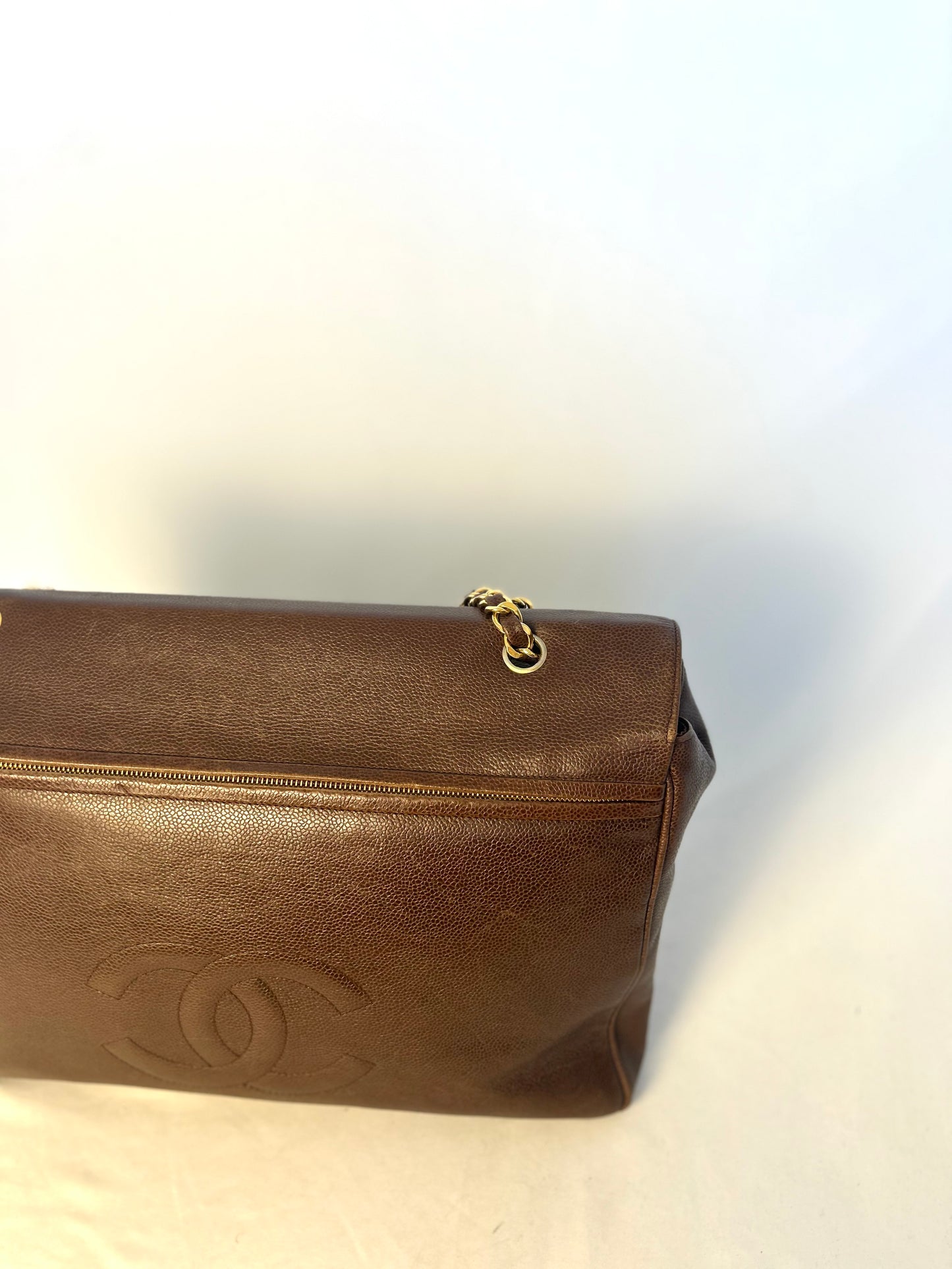 Authentic Chanel Vintage Caviar Supermodel XL Brown Flap Bag