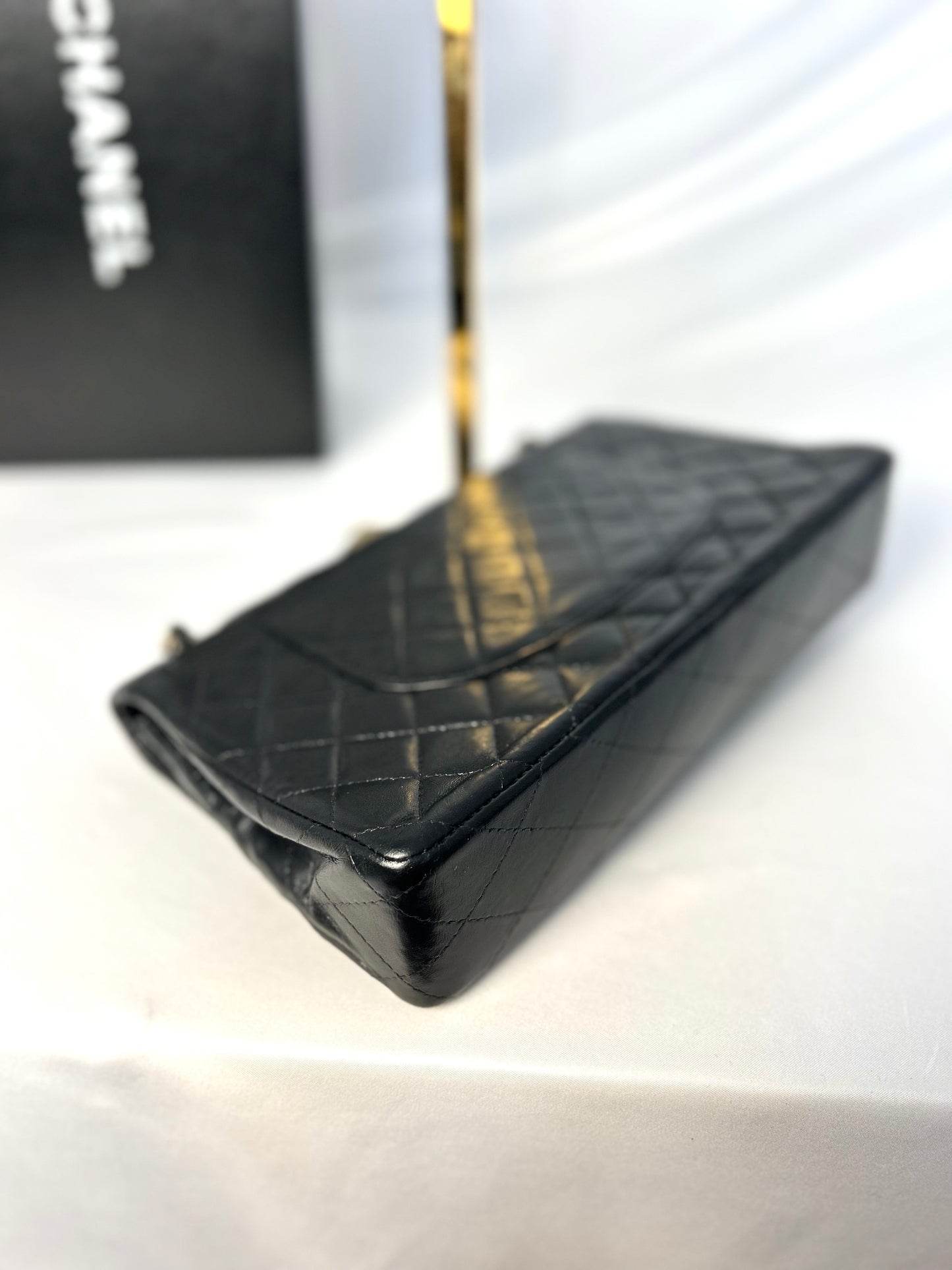 Authentic 1980s Vintage Chanel Black Lambskin Medium Classic Flap