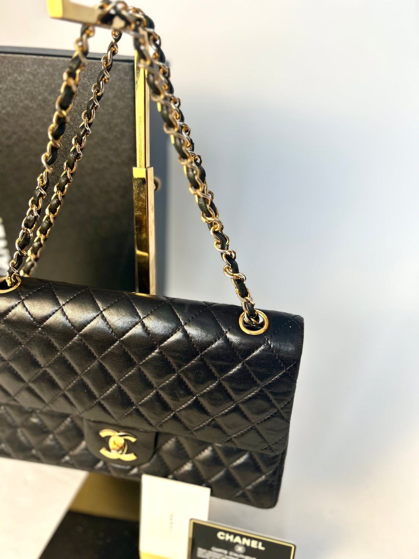 Authentic 1980s Chanel Black Lambskin Medium Classic Flap