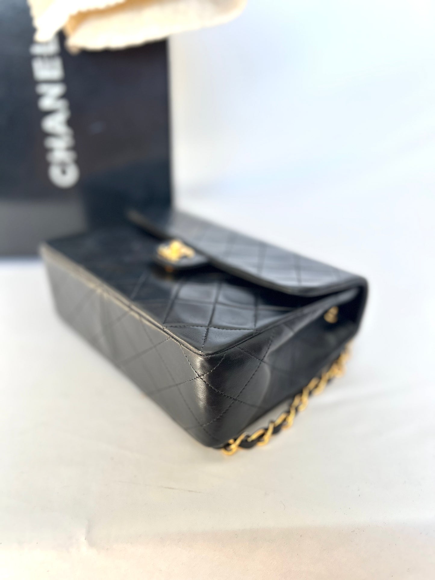 Authentic Chanel Black Lambskin Mini Square Flap Bag