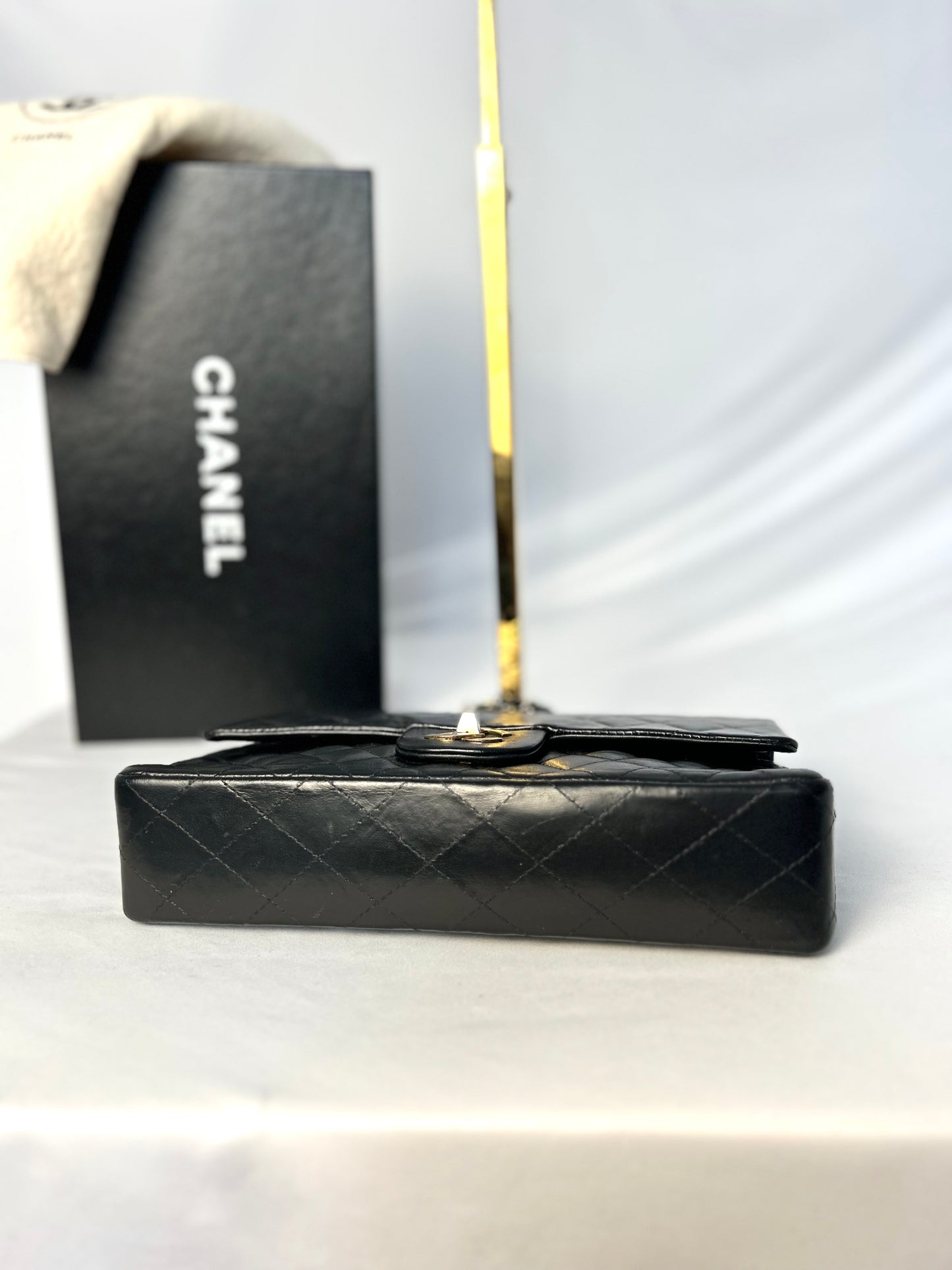 Authentic 1980s Vintage Chanel Black Lambskin Medium Classic Flap