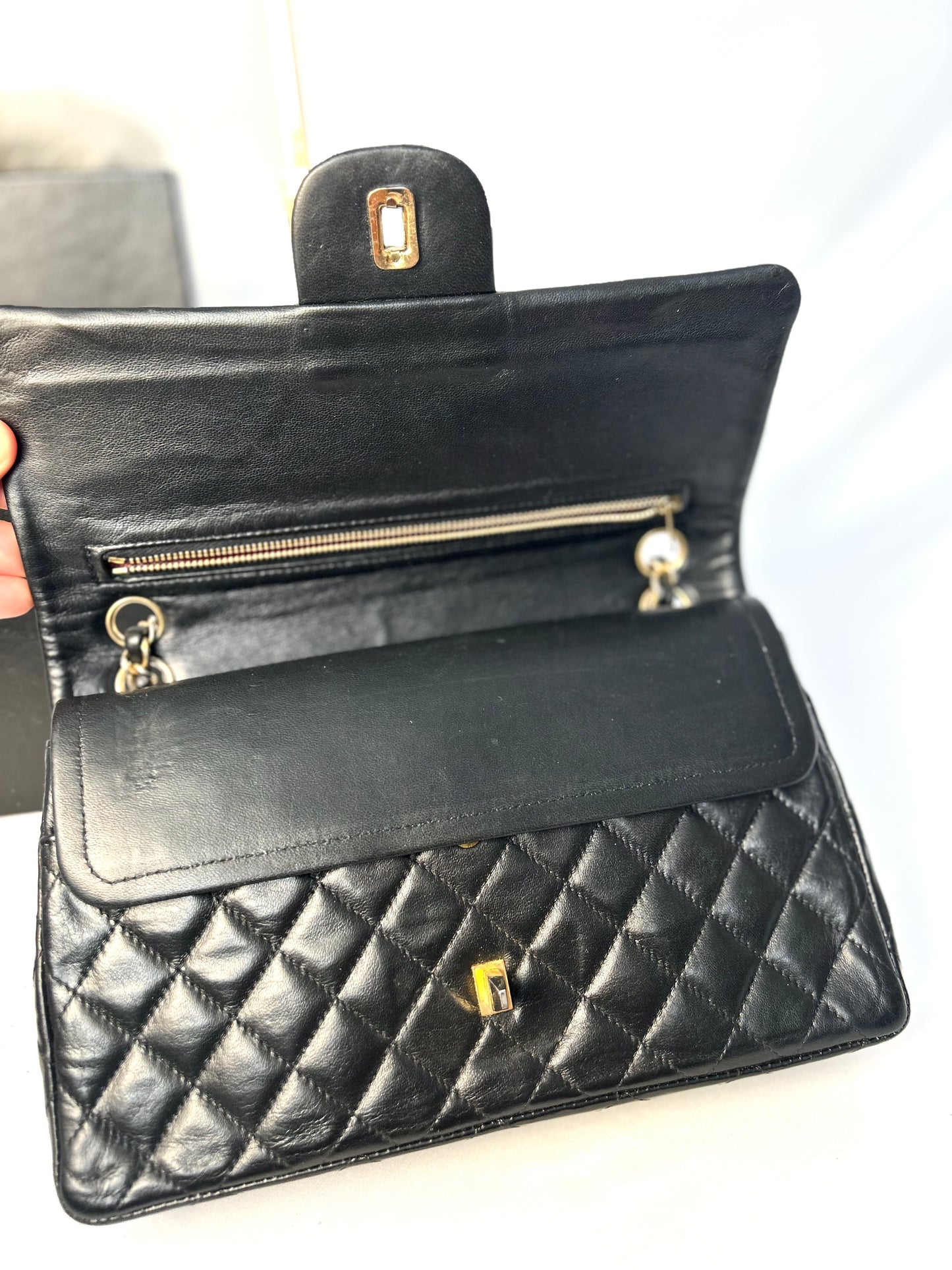 Authentic 1980s Vintage Chanel Black Lambskin Medium Classic Flap