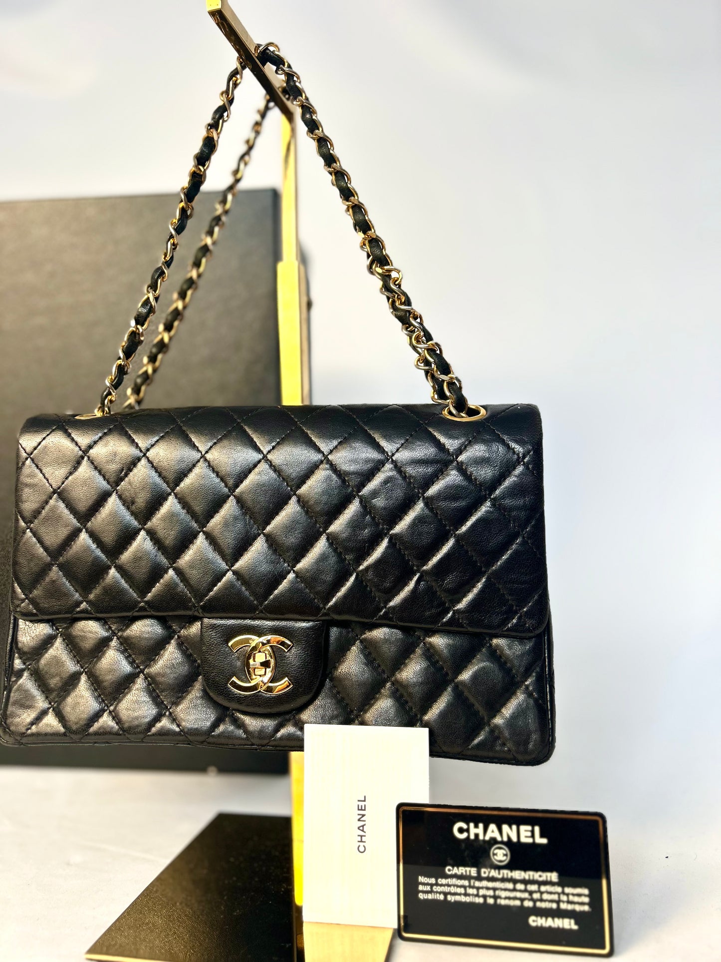 Authentic 1980s Chanel Black Lambskin Medium Classic Flap
