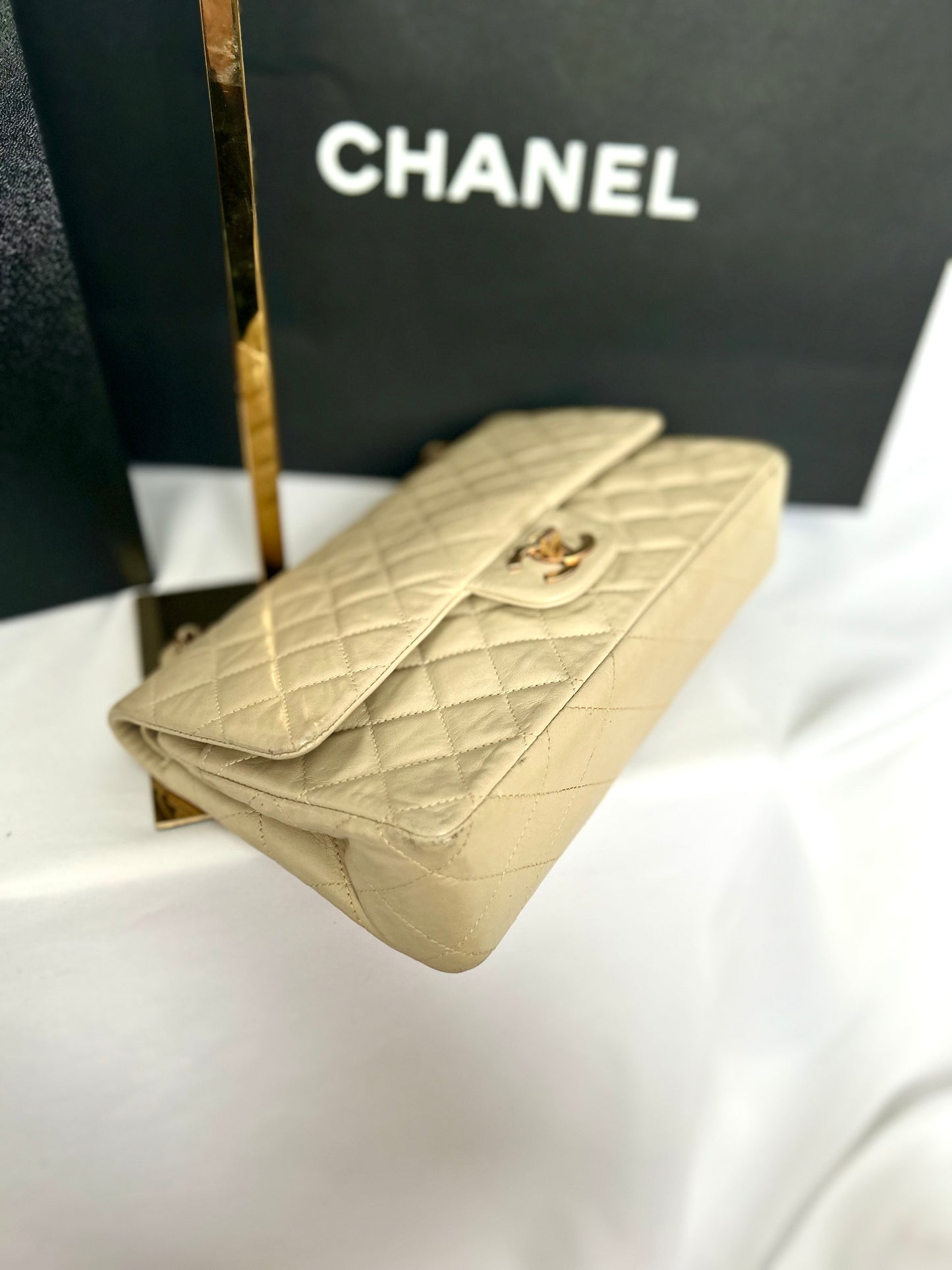 Beige Lambskin Medium Classic Flap