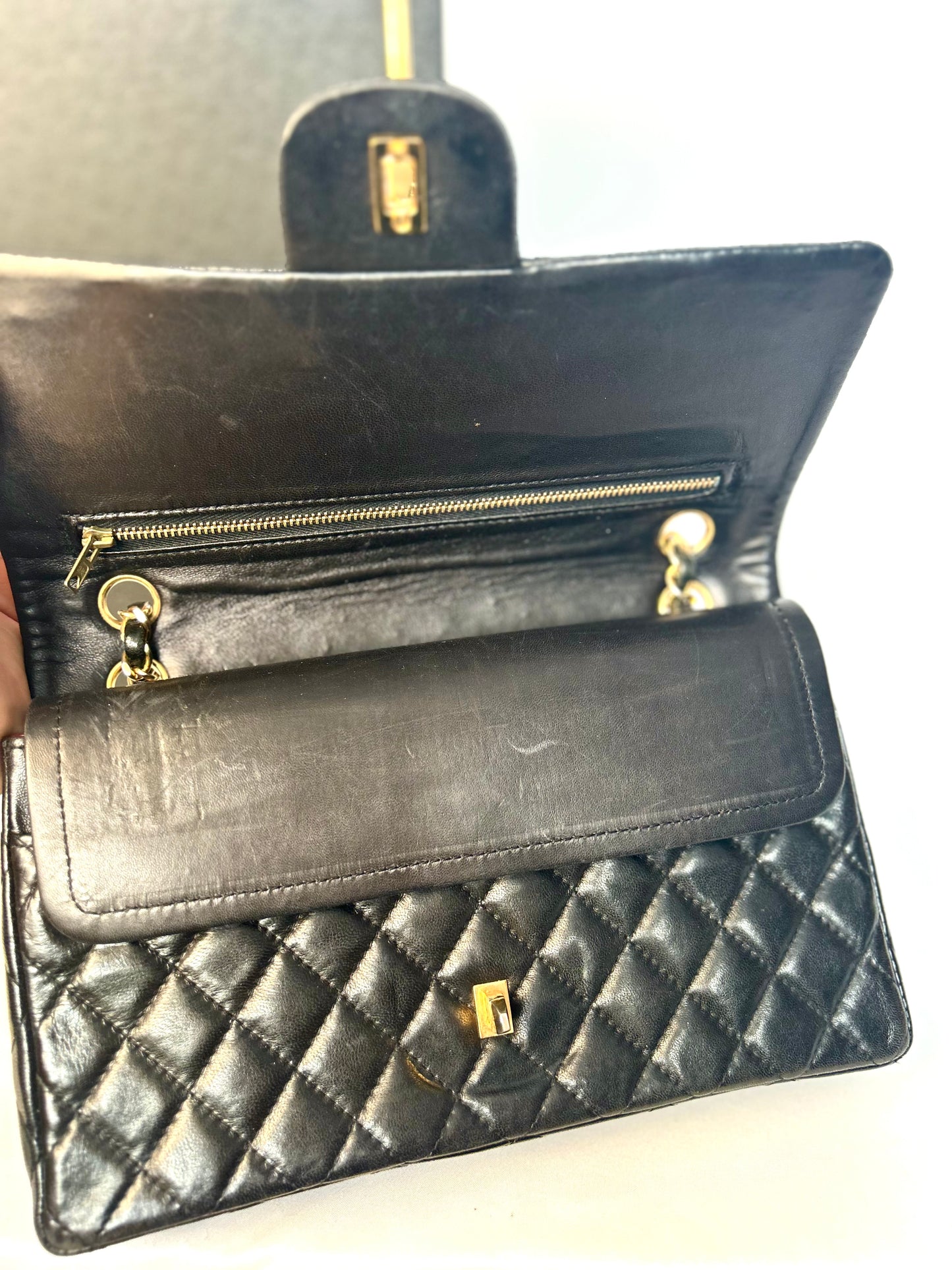 Authentic 1980s Chanel Black Lambskin Medium Classic Flap
