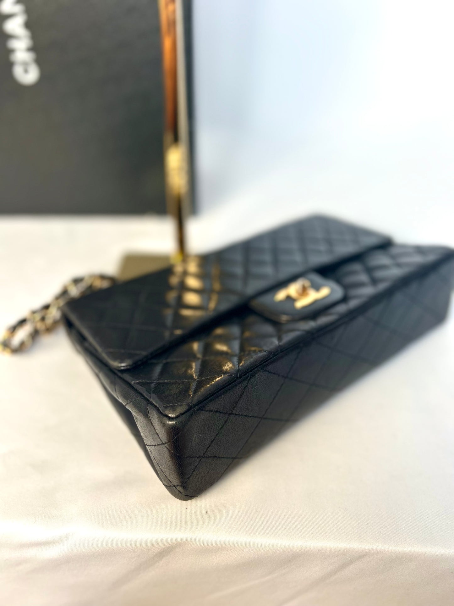 Authentic 1980s Chanel Black Lambskin Medium Classic Flap