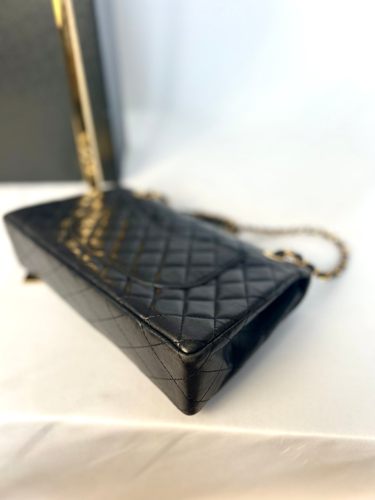 Authentic 1980s Chanel Black Lambskin Medium Classic Flap