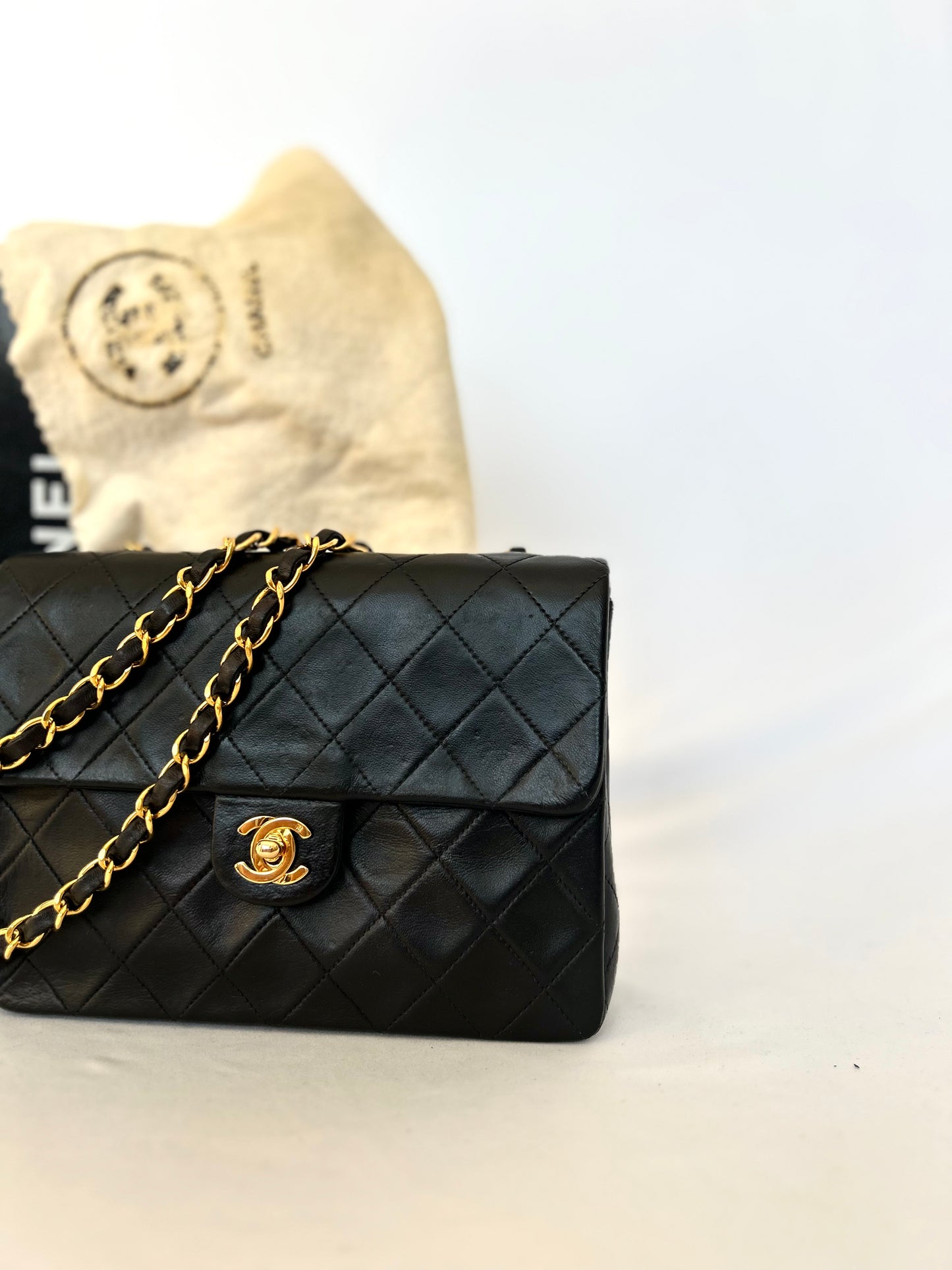 Authentic Chanel Black Lambskin Mini Square Flap Bag