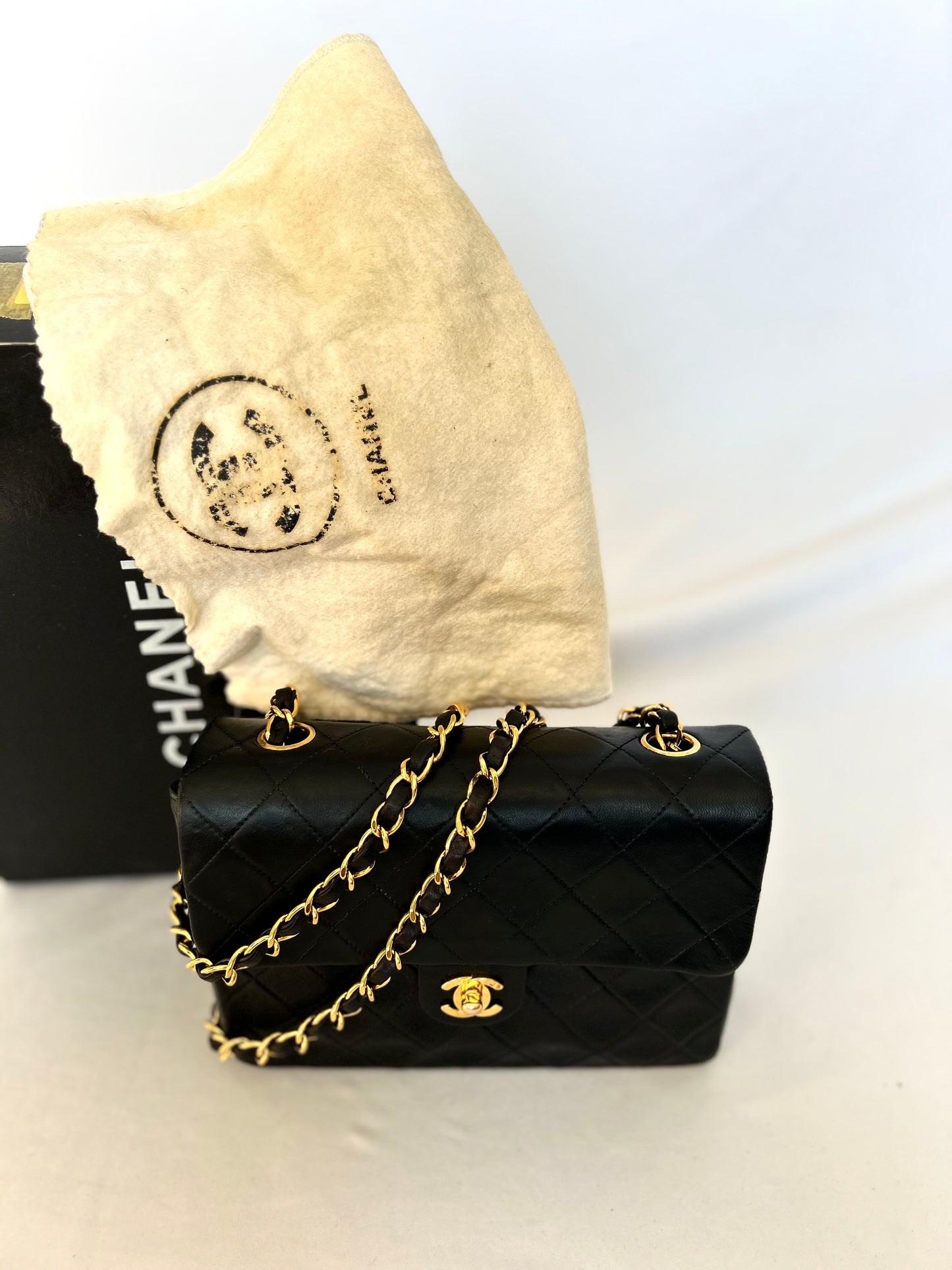 Authentic Chanel Black Lambskin Mini Square Flap Bag