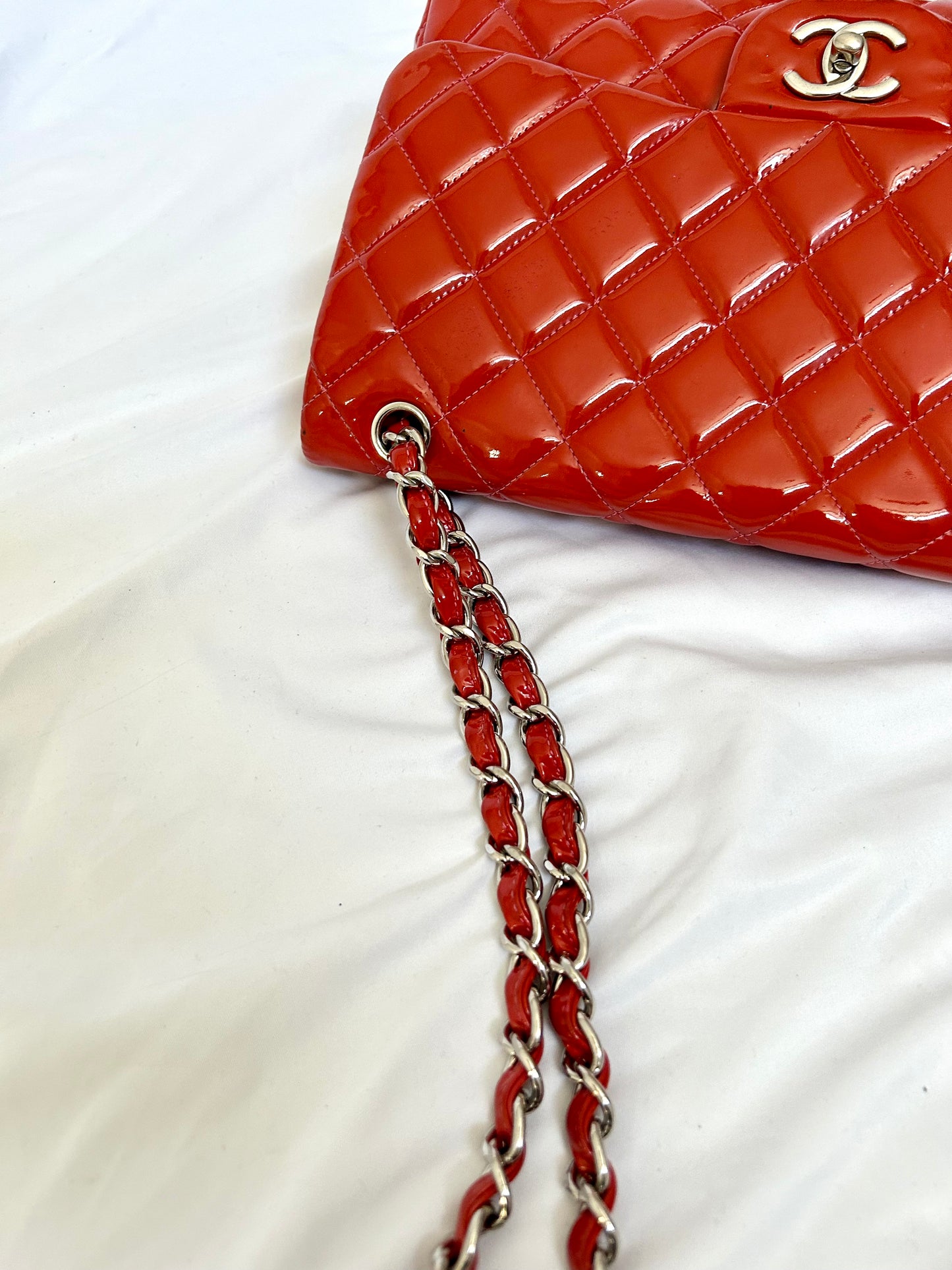 Chanel Orange Patent Medium Classic Flap