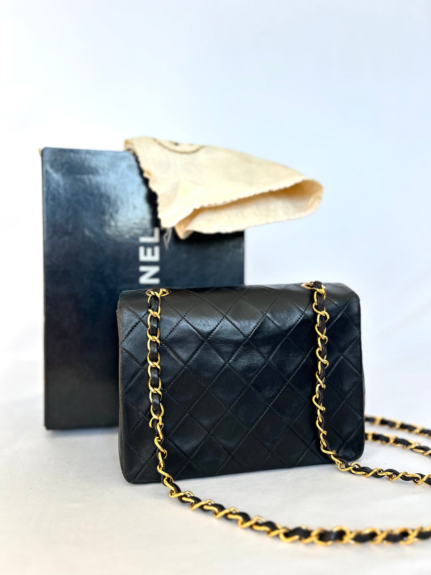 Authentic Chanel Black Lambskin Mini Square Flap Bag