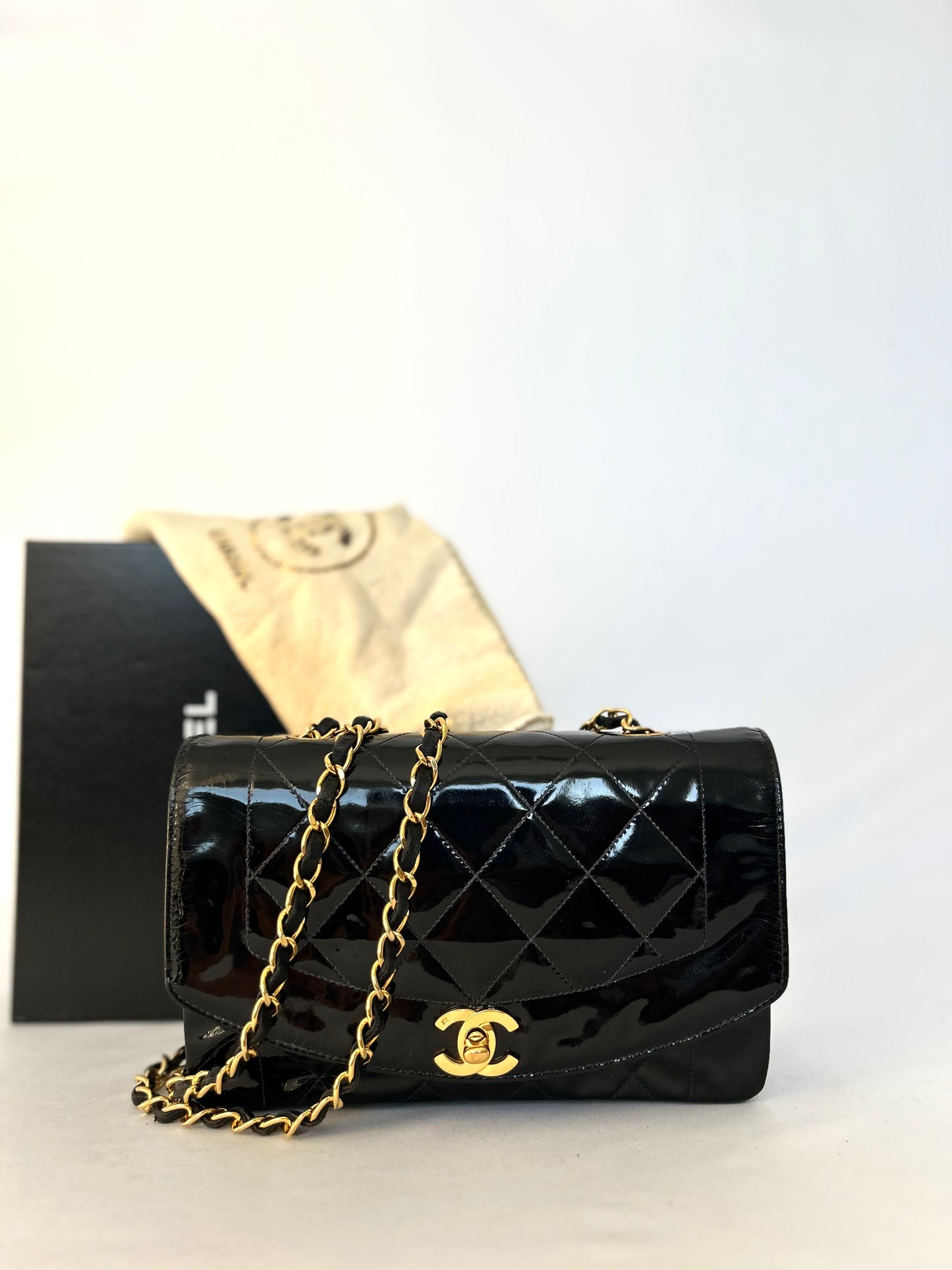 Authentic Chanel Patent Leather Small Diana Flap Bag