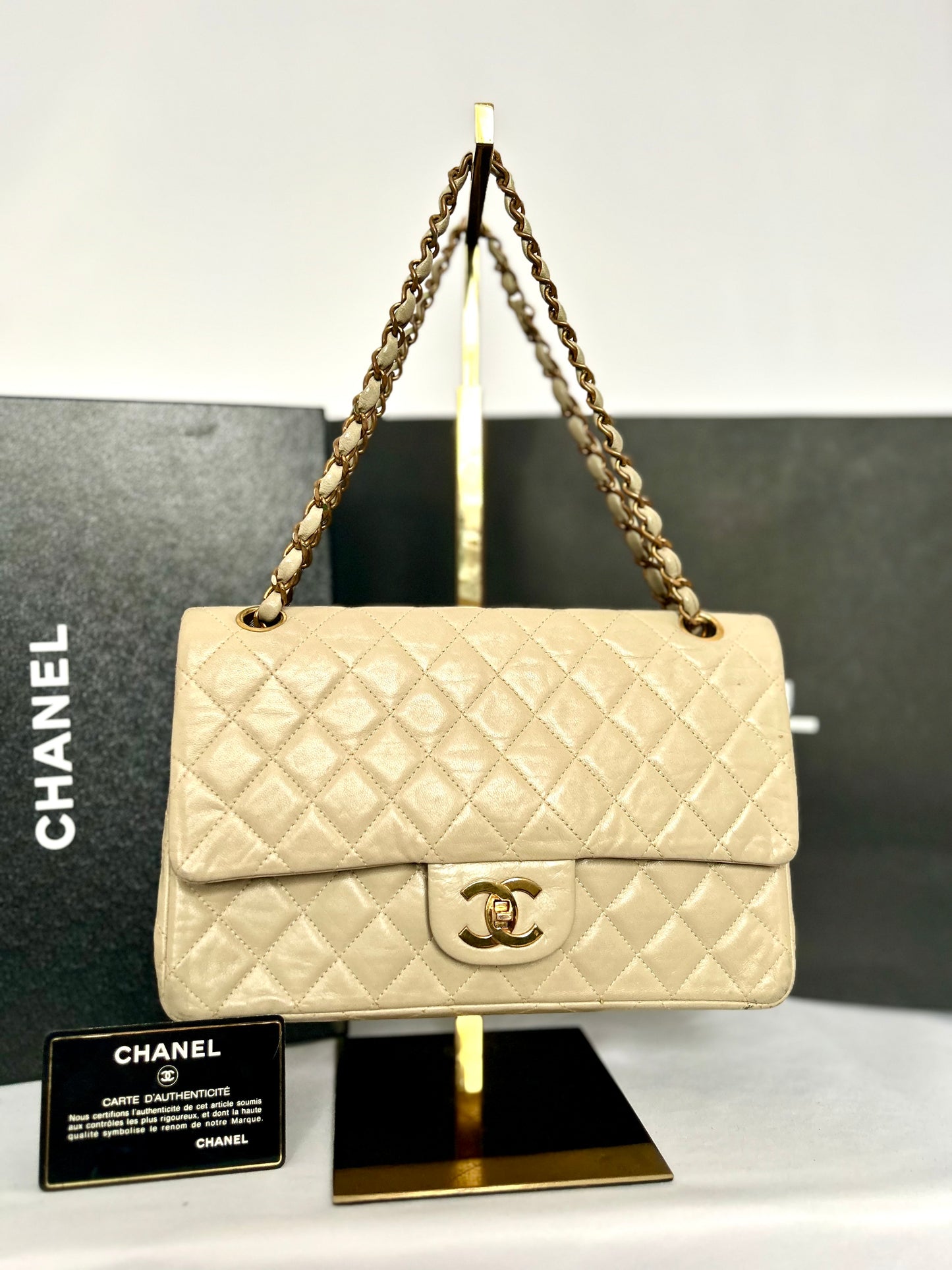 Beige Lambskin Medium Classic Flap