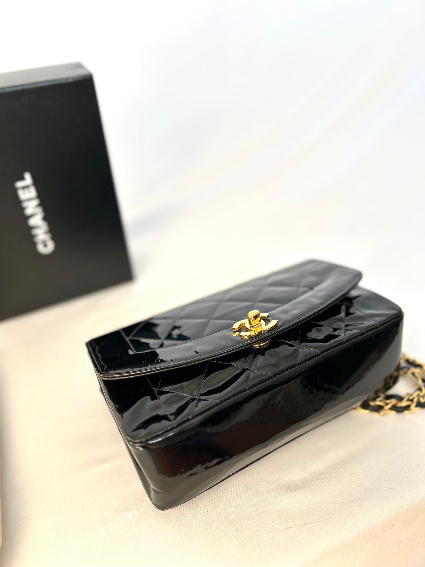 Authentic Chanel Patent Leather Small Diana Flap Bag