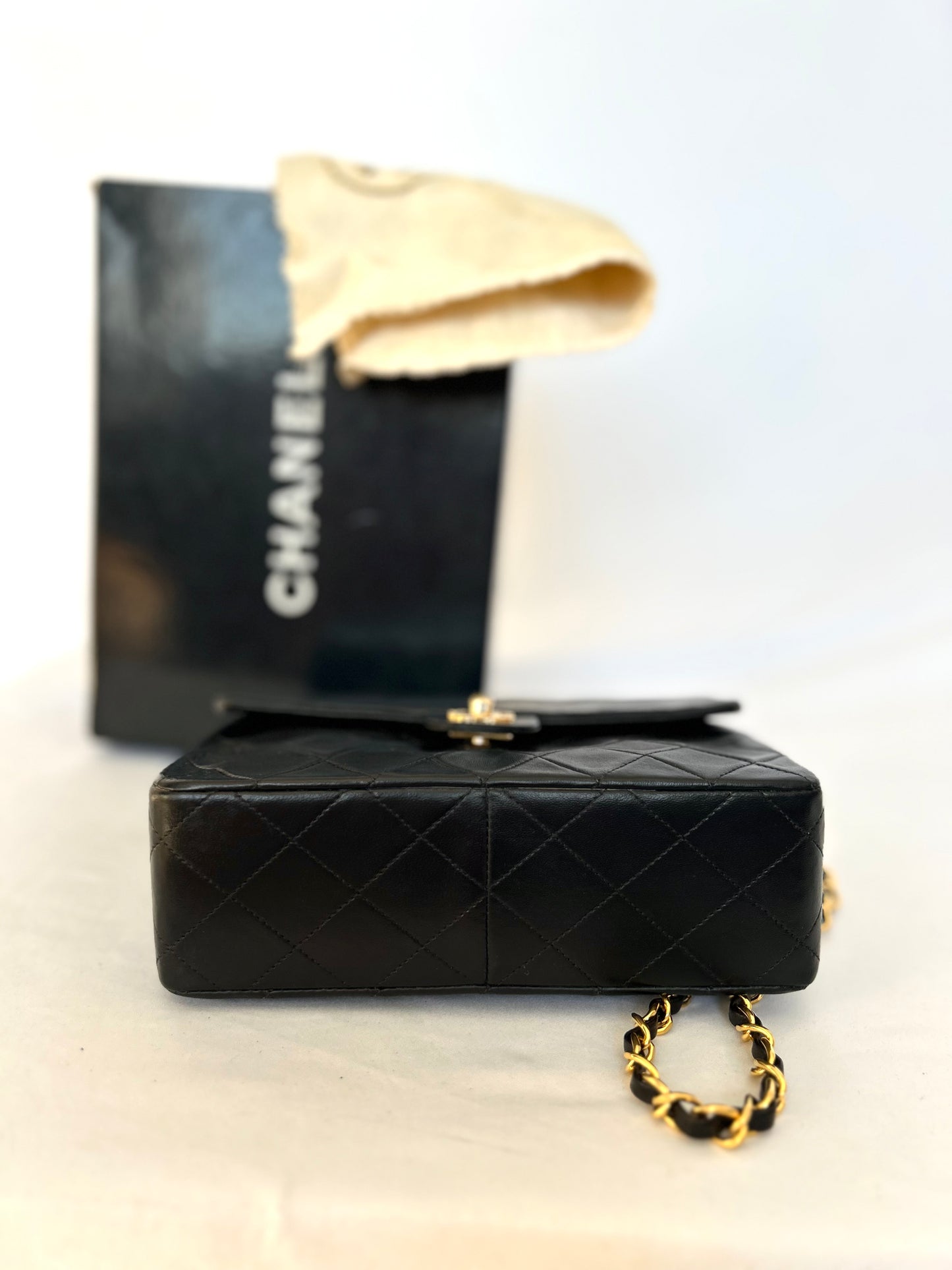 Authentic Chanel Black Lambskin Mini Square Flap Bag