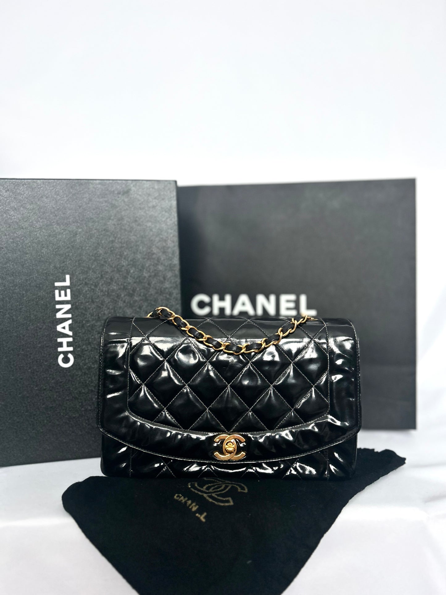Authentic Chanel Patent Leather Diana Flap Bag